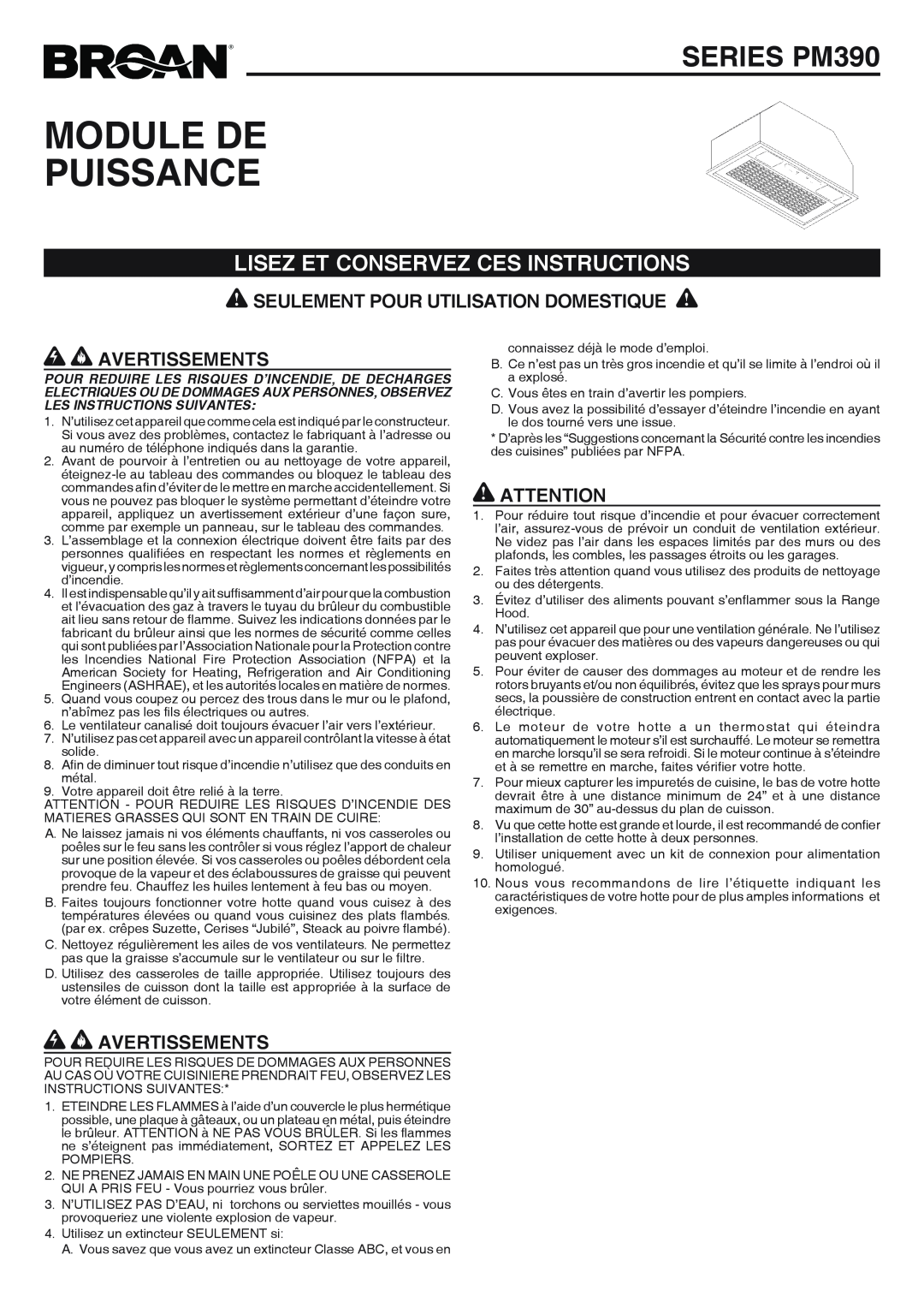 Broan RHVBB20SM manual Module De Puissance, SERIES PM390, Lisez Et Conservez Ces Instructions, Avertissements 