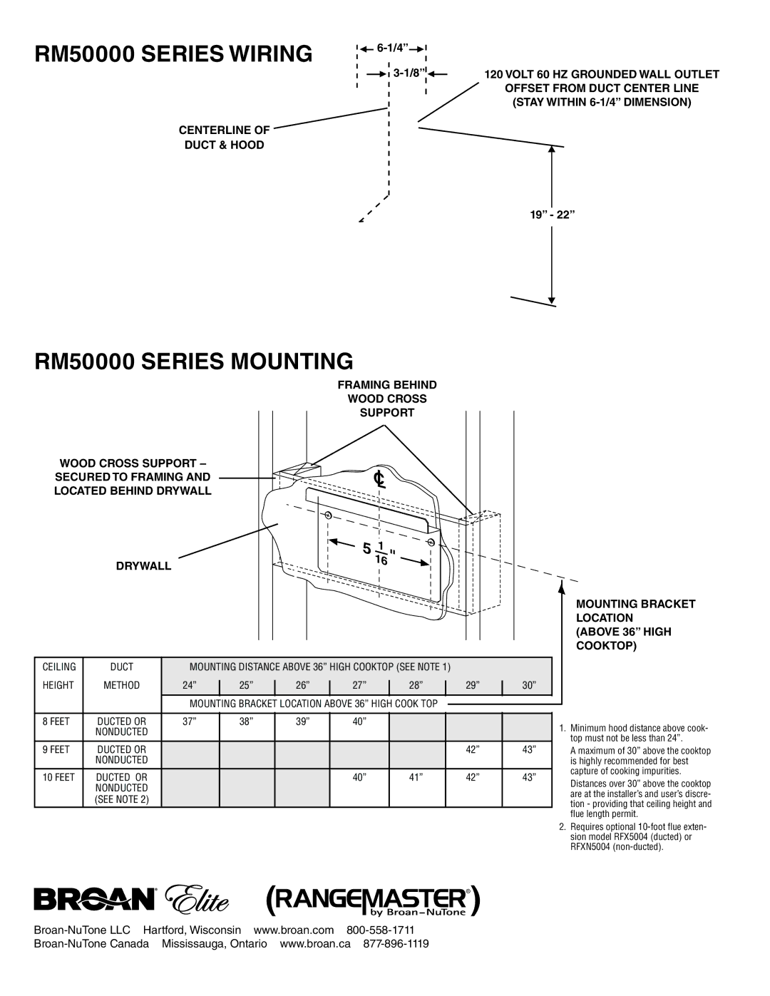 Broan RM503001 specifications RM50000 Series Wiring, RM50000 Series Mounting 