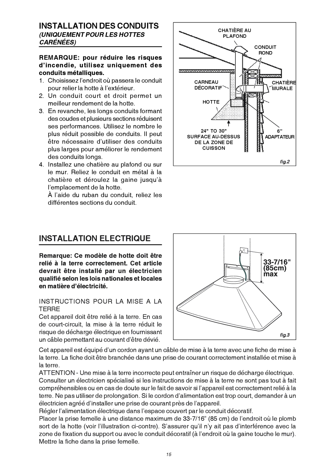 Broan RM503604, RM503004 manual Installation DES Conduits, Installation Electrique, Uniquement Pour LES Hottes Carénées 