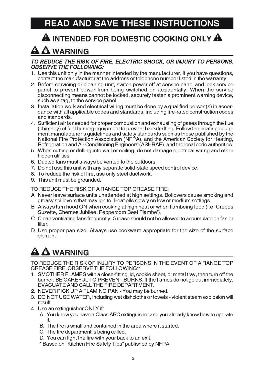 Broan RM503004, RM503604 manual Read and Save These Instructions, Intended for Domestic Cooking only ! Warning 