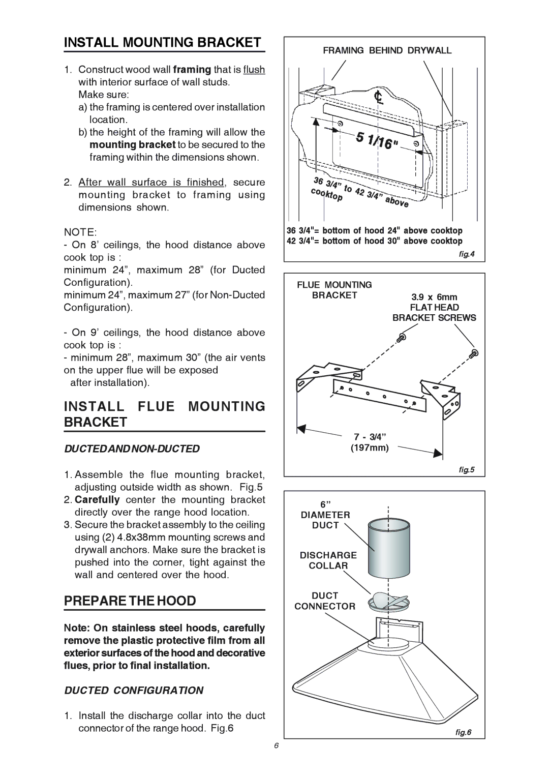 Broan RM503004 manual Install Mounting Bracket, Install Flue Mounting Bracket, Ductedandnon-Ducted, Ducted Configuration 