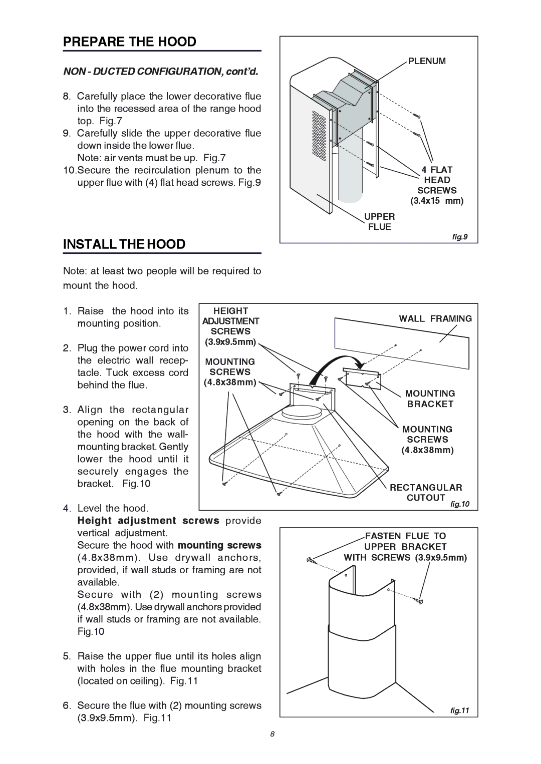 Broan RM503004, RM503604 manual Install the Hood, NON Ducted CONFIGURATION, cont’d 