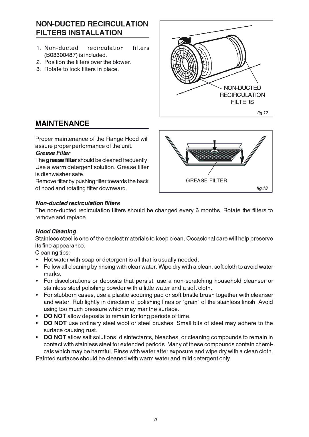 Broan RM503604 NON-DUCTED Recirculation Filters Installation, Maintenance, Grease Filter, Non-ducted recirculation filters 