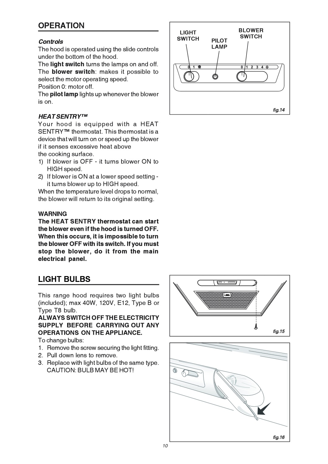 Broan RM503004, RM503604 manual Operation, Light Bulbs, Controls, Heat Sentry 