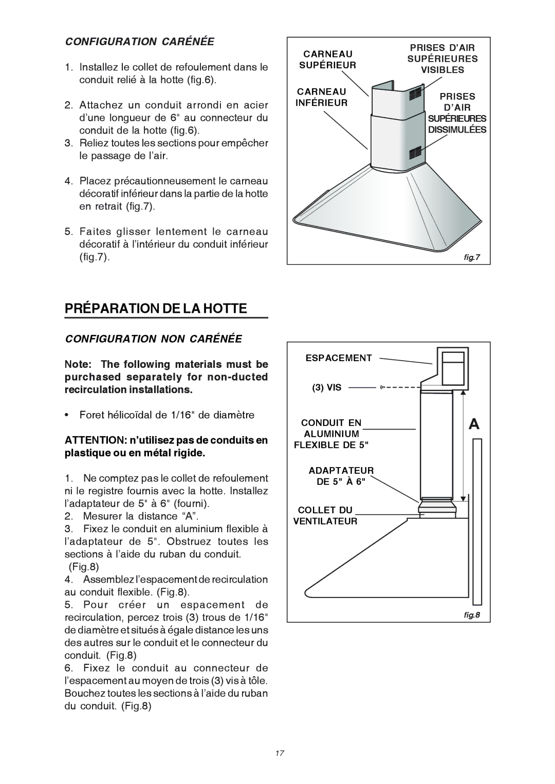 Broan RM503004 manual Préparation DE LA Hotte, Configuration Carénée, Configuration NON Carénée 