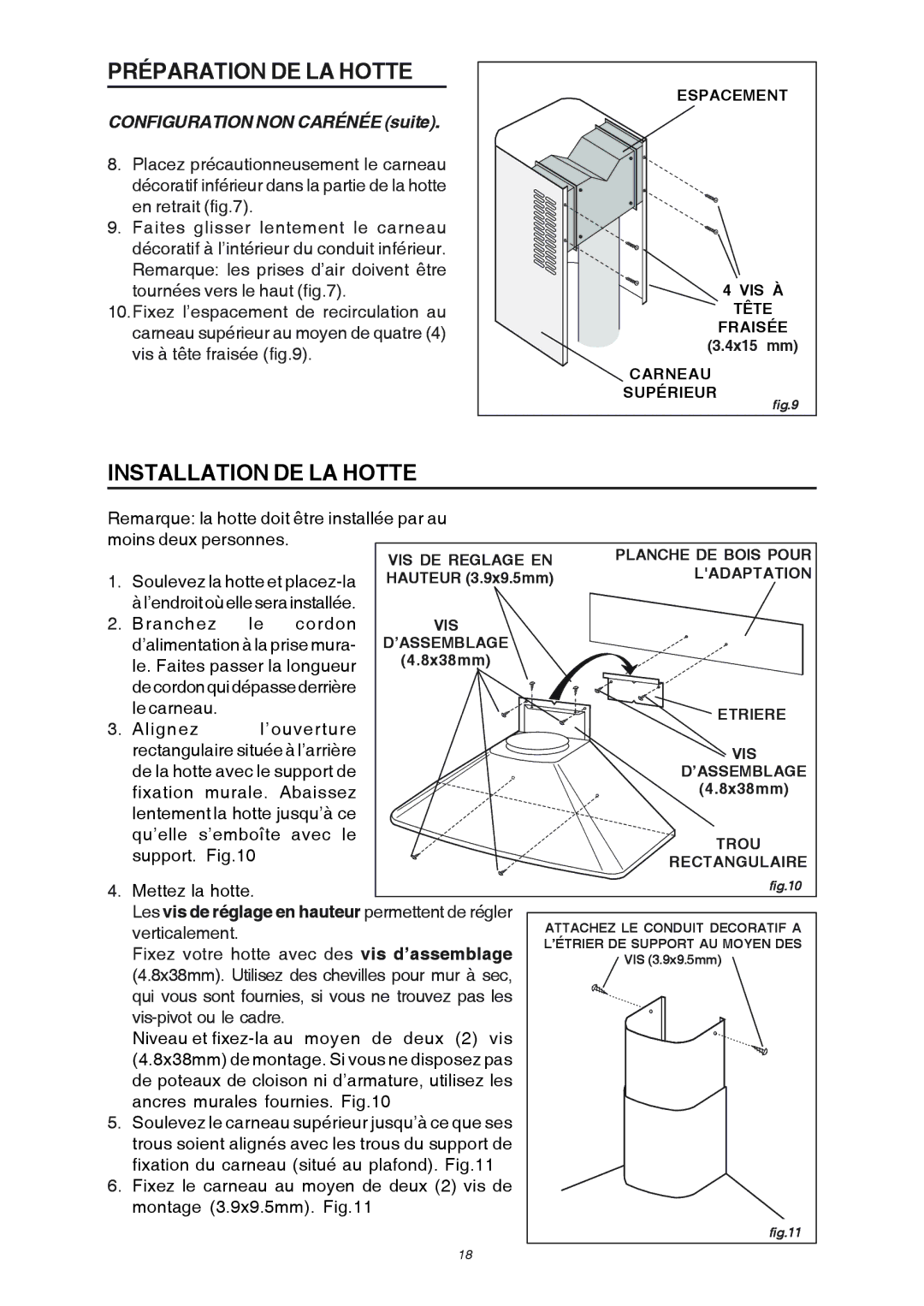 Broan RM503004 manual Installation DE LA Hotte, Configuration NON Carénée suite 