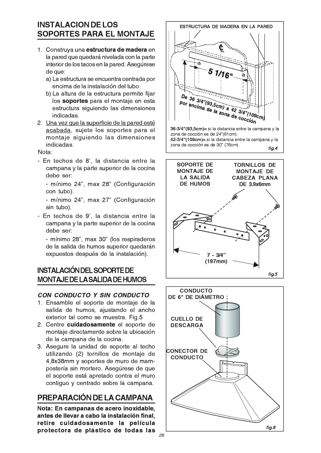 Broan RM503004 manual Instalacion DE LOS Soportes Para EL Montaje, Preparación DE LA Campana, CON Conducto Y SIN Conducto 