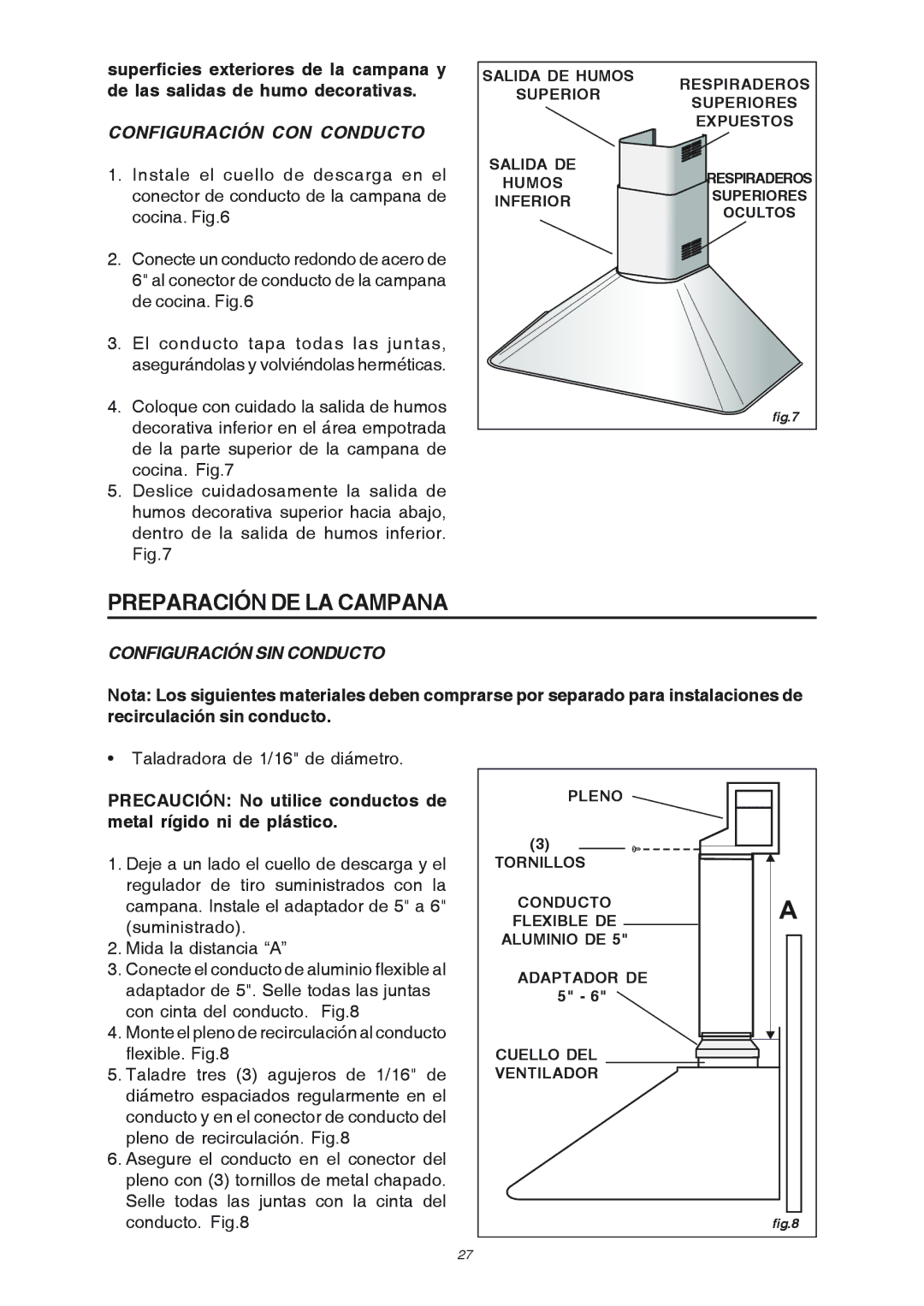 Broan RM503004 manual Configuración CON Conducto, Configuración SIN Conducto 