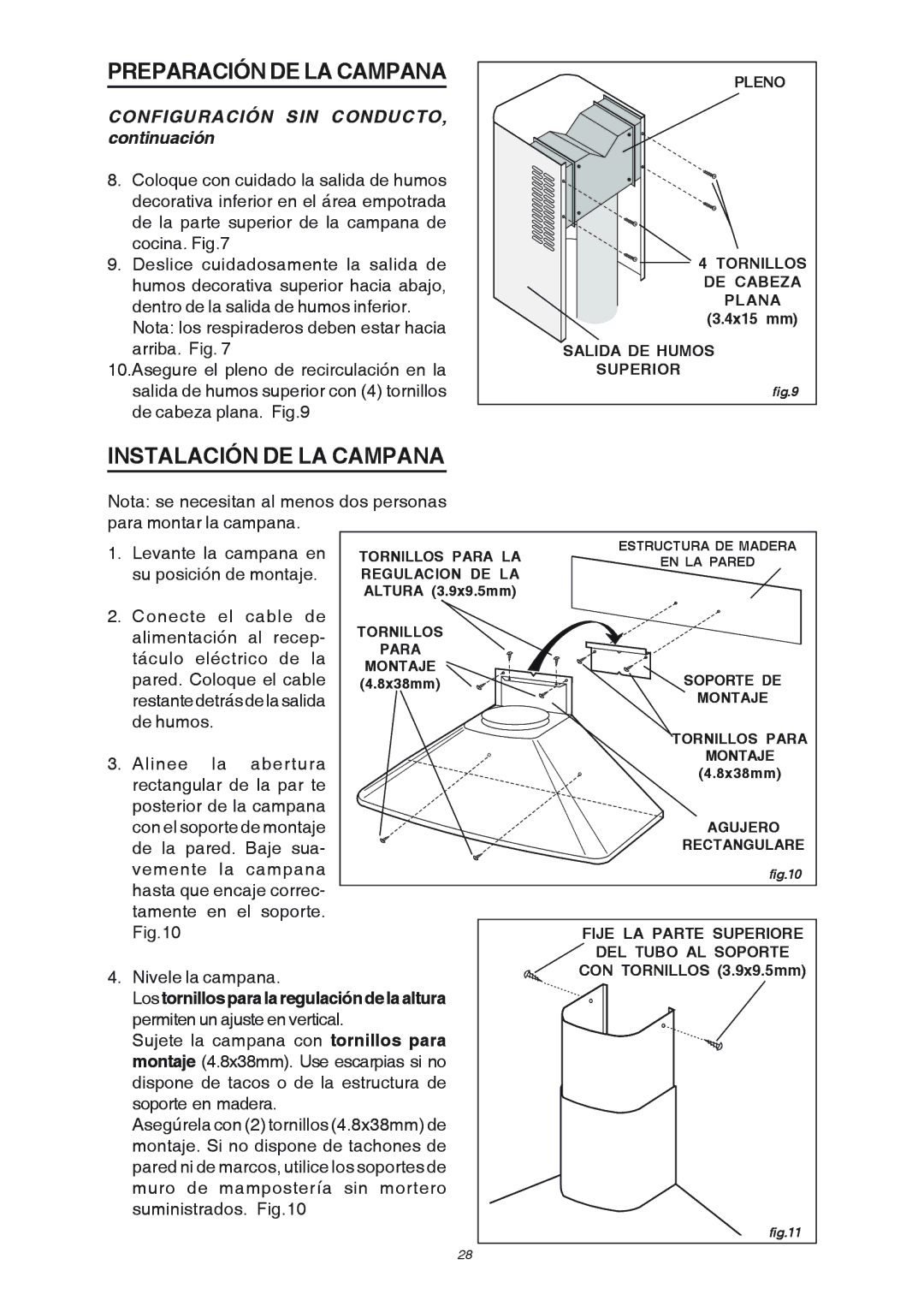 Broan RM503004 manual Instalación DE LA Campana, Configuración SIN CONDUCTO, continuación 