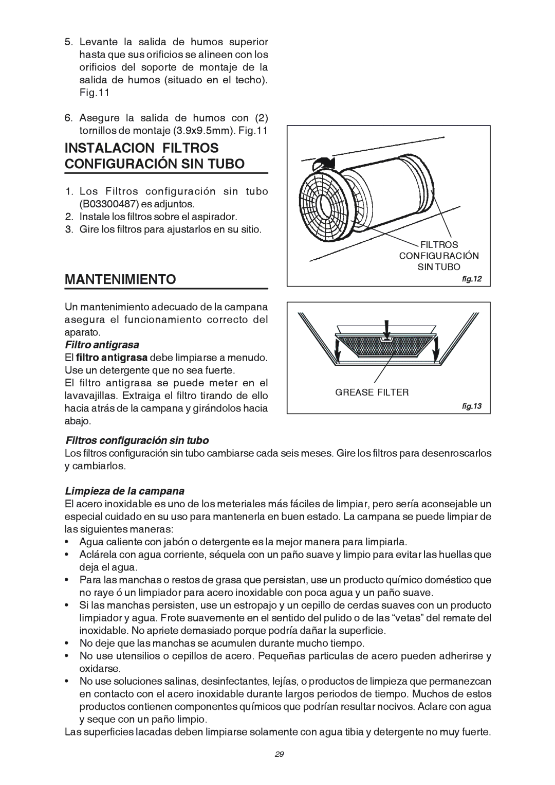 Broan RM503004 Instalacion Filtros Configuración SIN Tubo, Mantenimiento, Filtro antigrasa, Filtros configuración sin tubo 