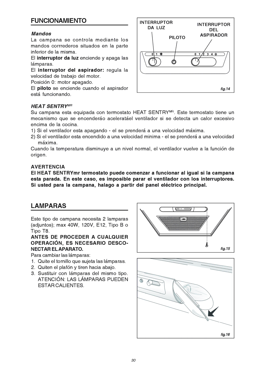 Broan RM503004 manual Funcionamiento, Lamparas, Mandos, Heat Sentrymr 