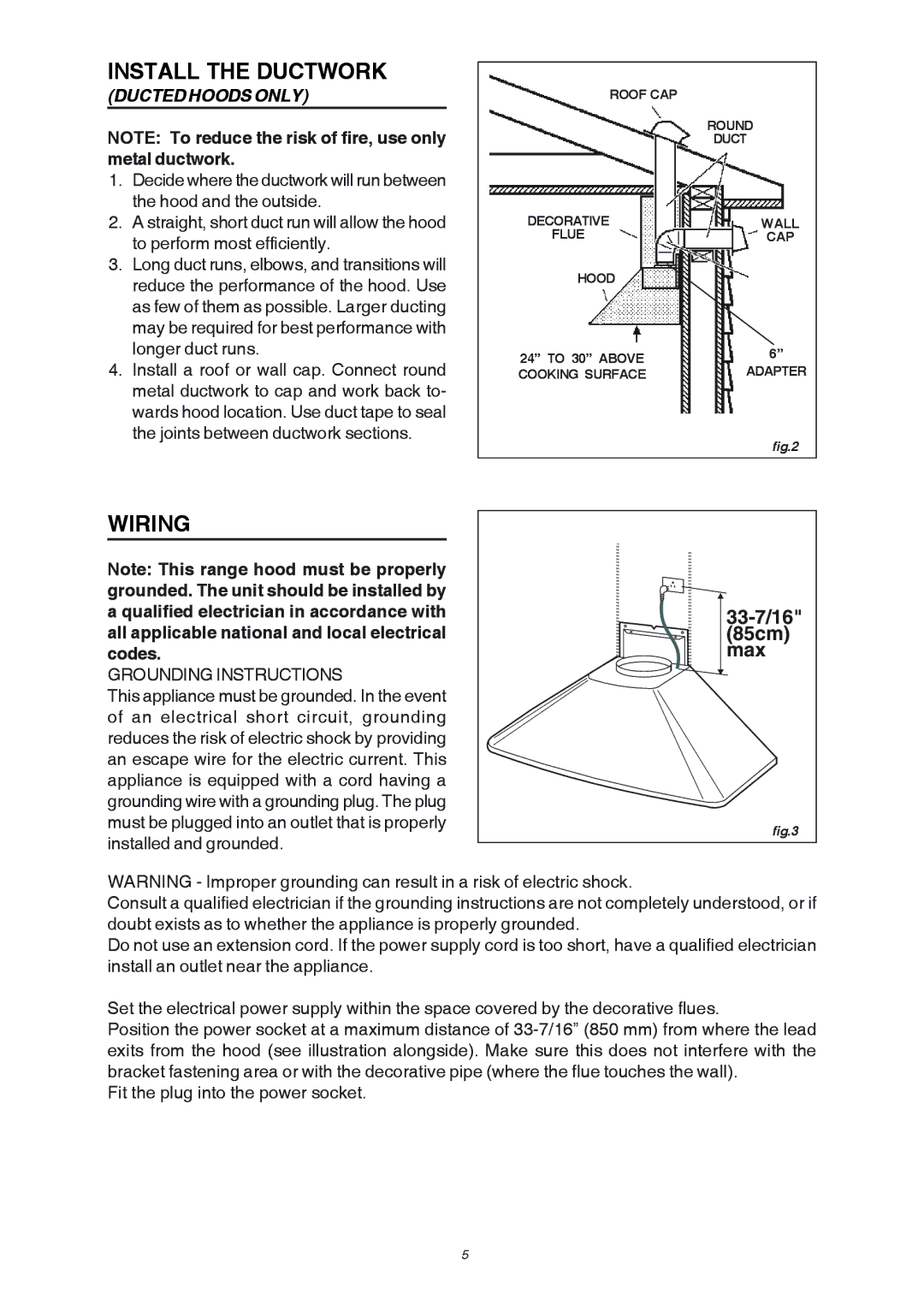 Broan RM503004 manual Install the Ductwork, Wiring, Ducted Hoods only 