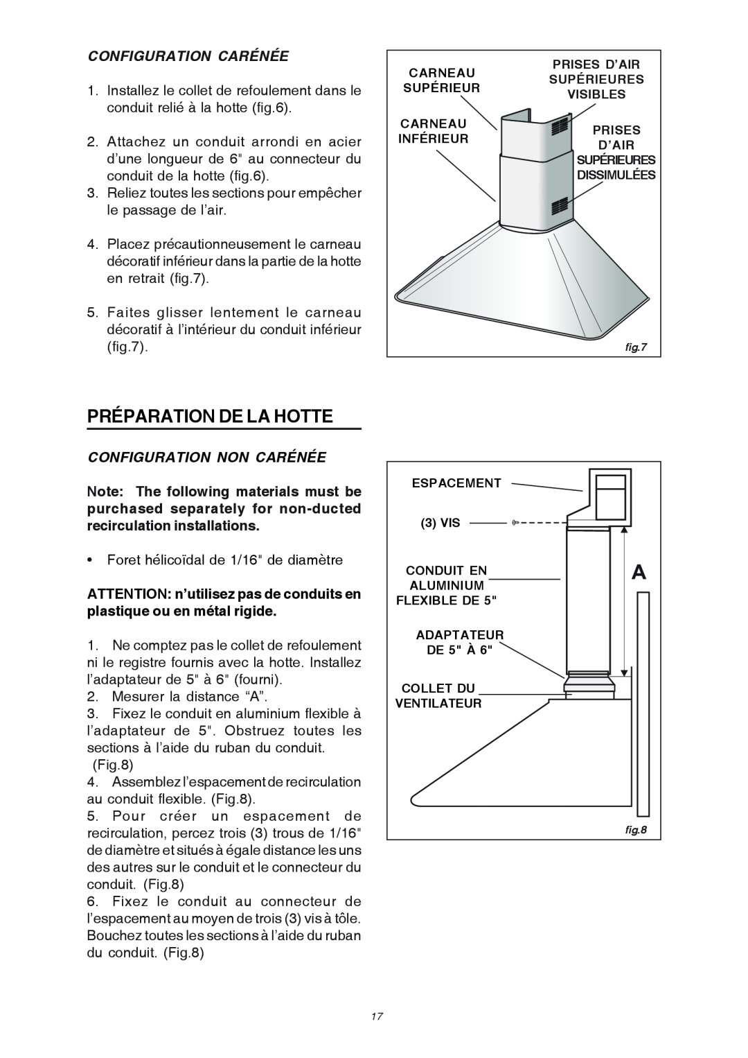 Broan RM503004 manual Préparation De La Hotte, Configuration Carénée, Configuration Non Carénée 