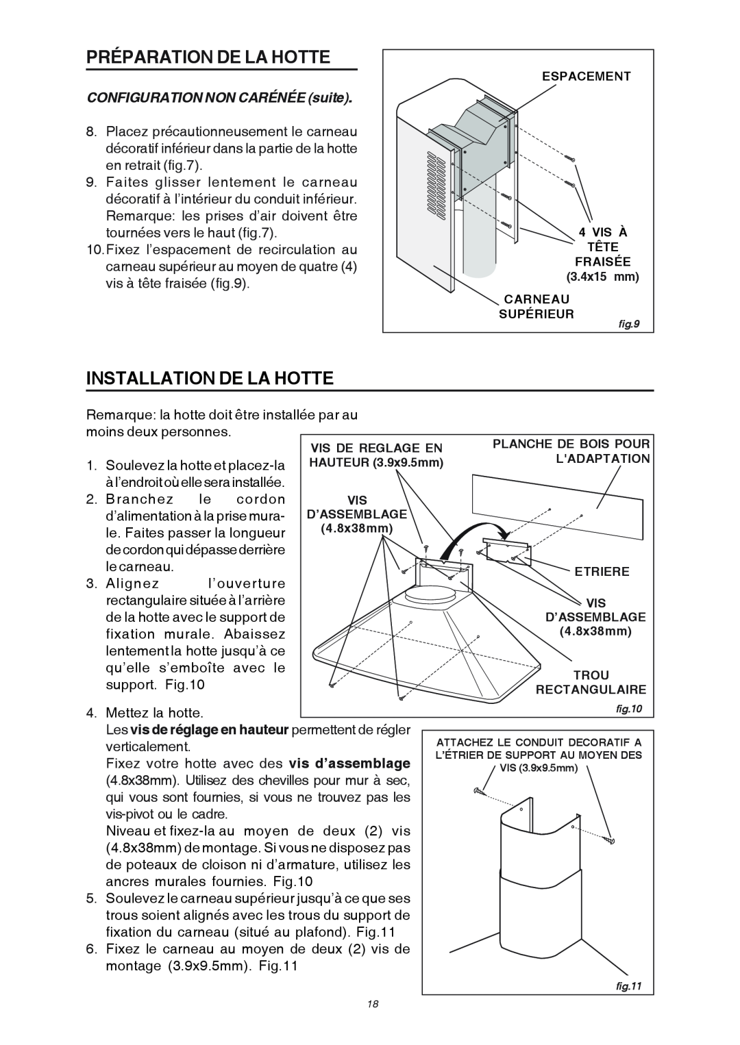Broan RM503004 manual Installation De La Hotte, CONFIGURATION NON CARÉNÉE suite, Préparation De La Hotte 