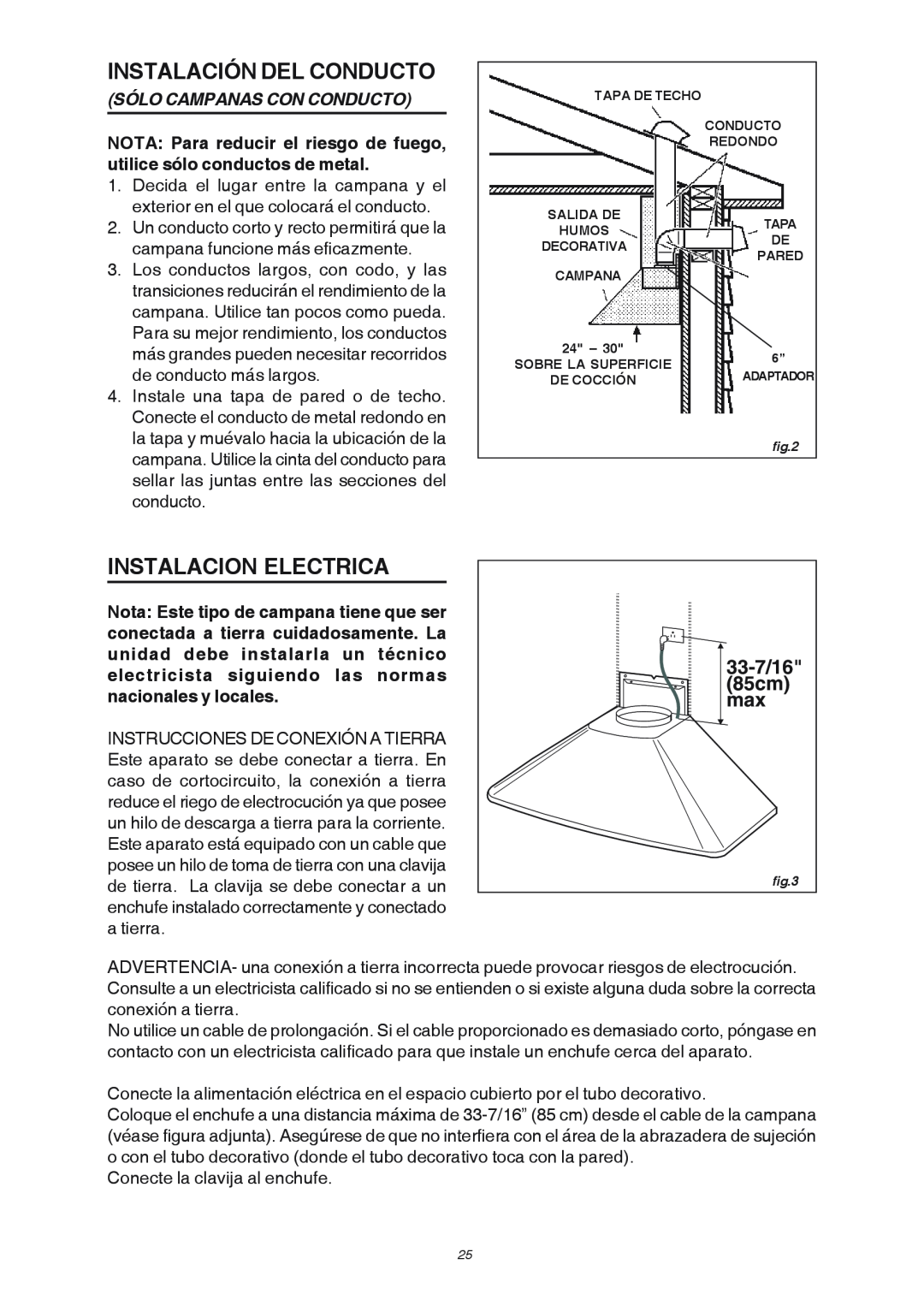 Broan RM503004 manual Instalación Del Conducto, Instalacion Electrica, Sólo Campanas Con Conducto, 85cm, 33-7/16 