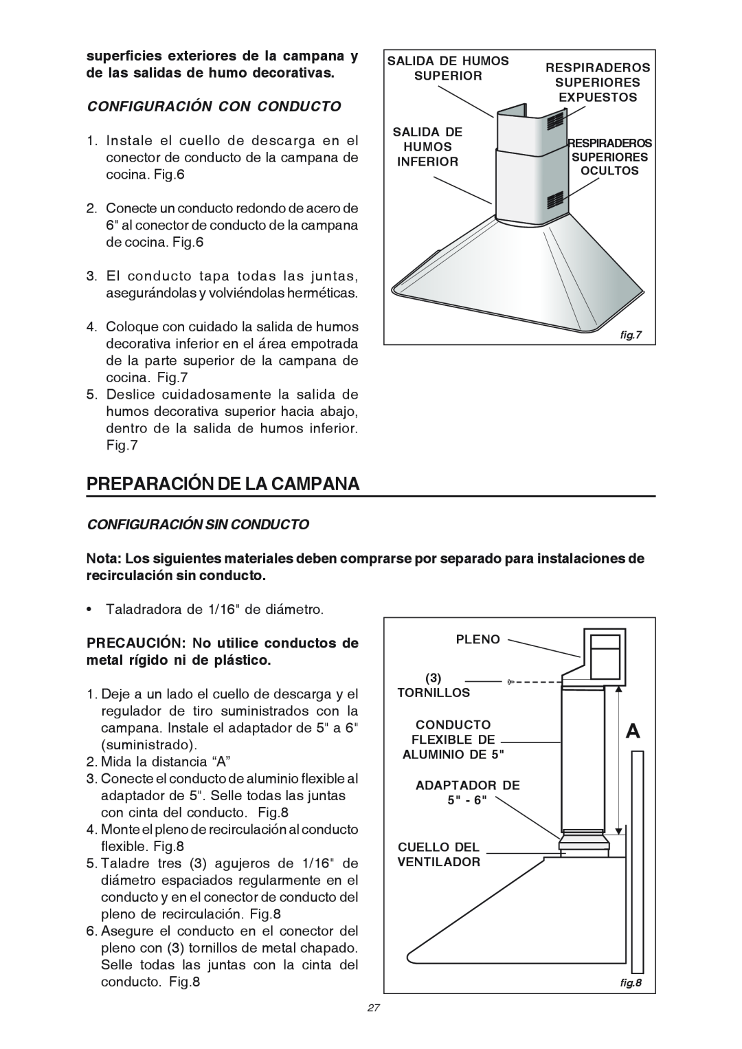 Broan RM503004 manual Configuración Con Conducto, Configuración Sin Conducto, Preparación De La Campana 