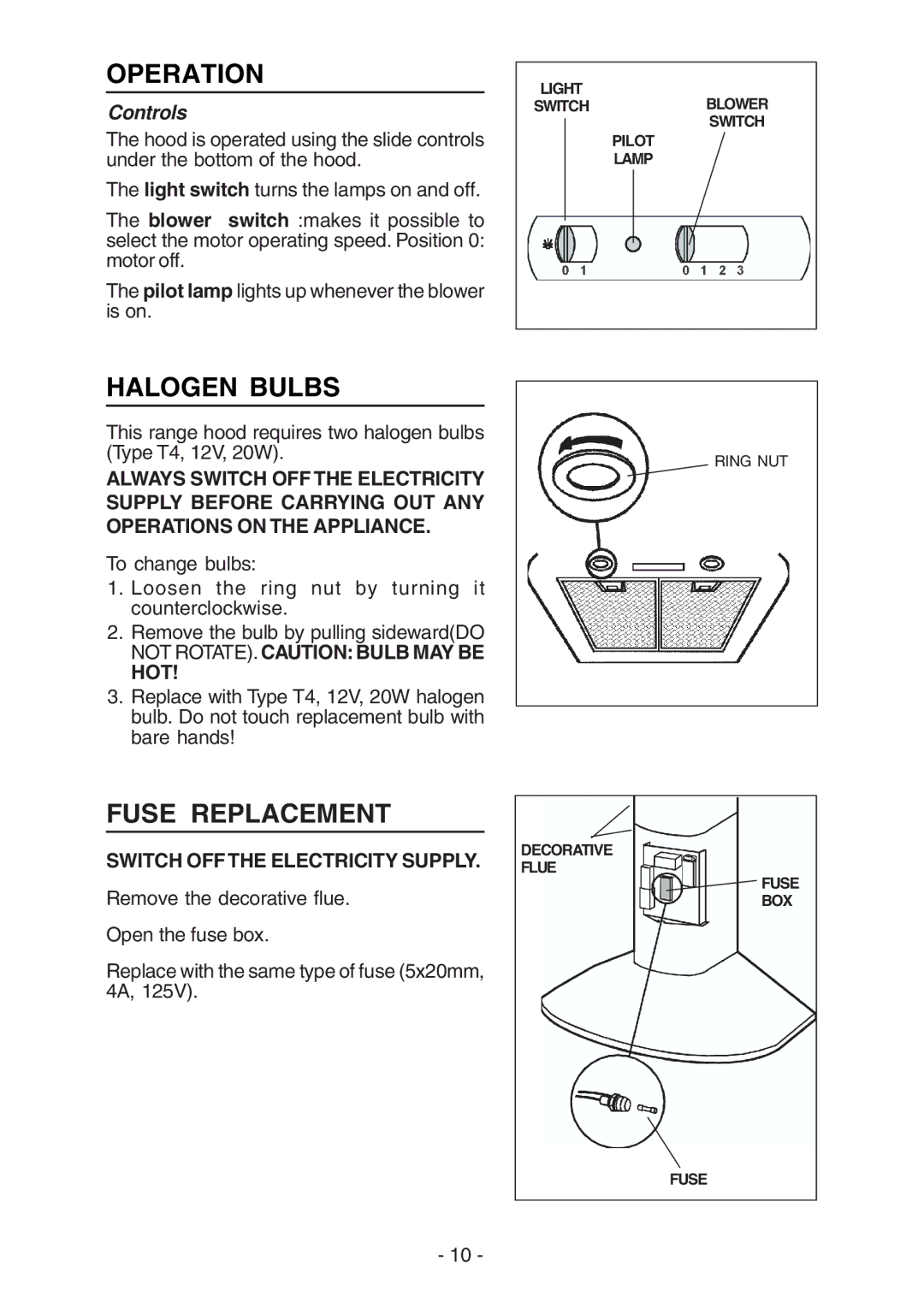 Broan RM51000, RM52000 manual Operation, Halogen Bulbs, Fuse Replacement, Controls 