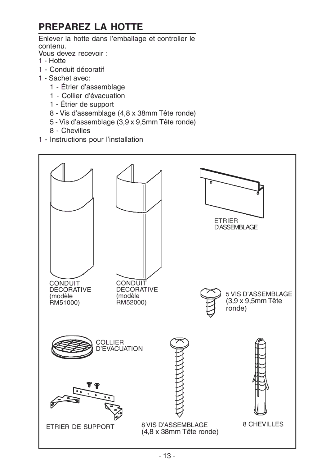 Broan RM52000, RM51000 manual Preparez LA Hotte 