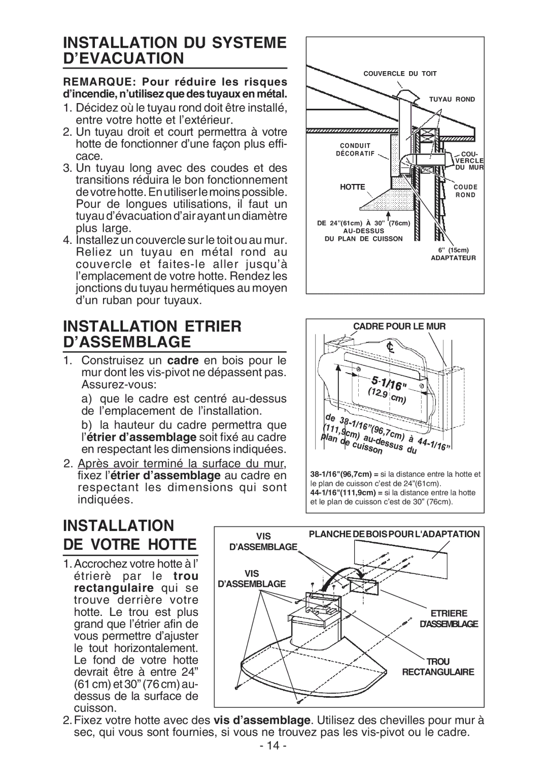 Broan RM51000, RM52000 manual Installation DU Systeme D’EVACUATION, Installation Etrier D’ASSEMBLAGE, DE Votre Hotte 