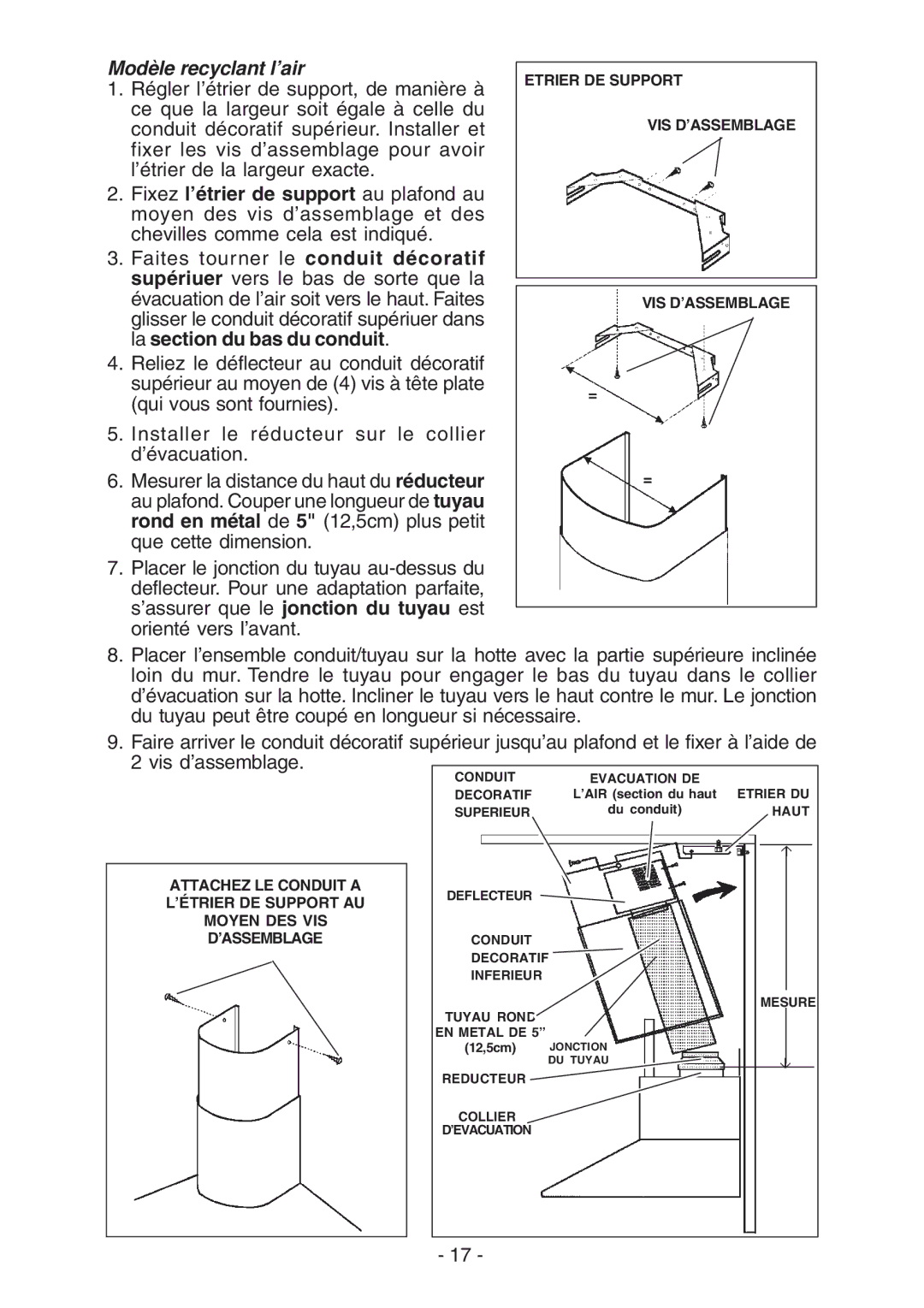 Broan RM52000, RM51000 manual Modèle recyclant l’air, ’ÉTRIER DE Support AU Moyen DES VIS 