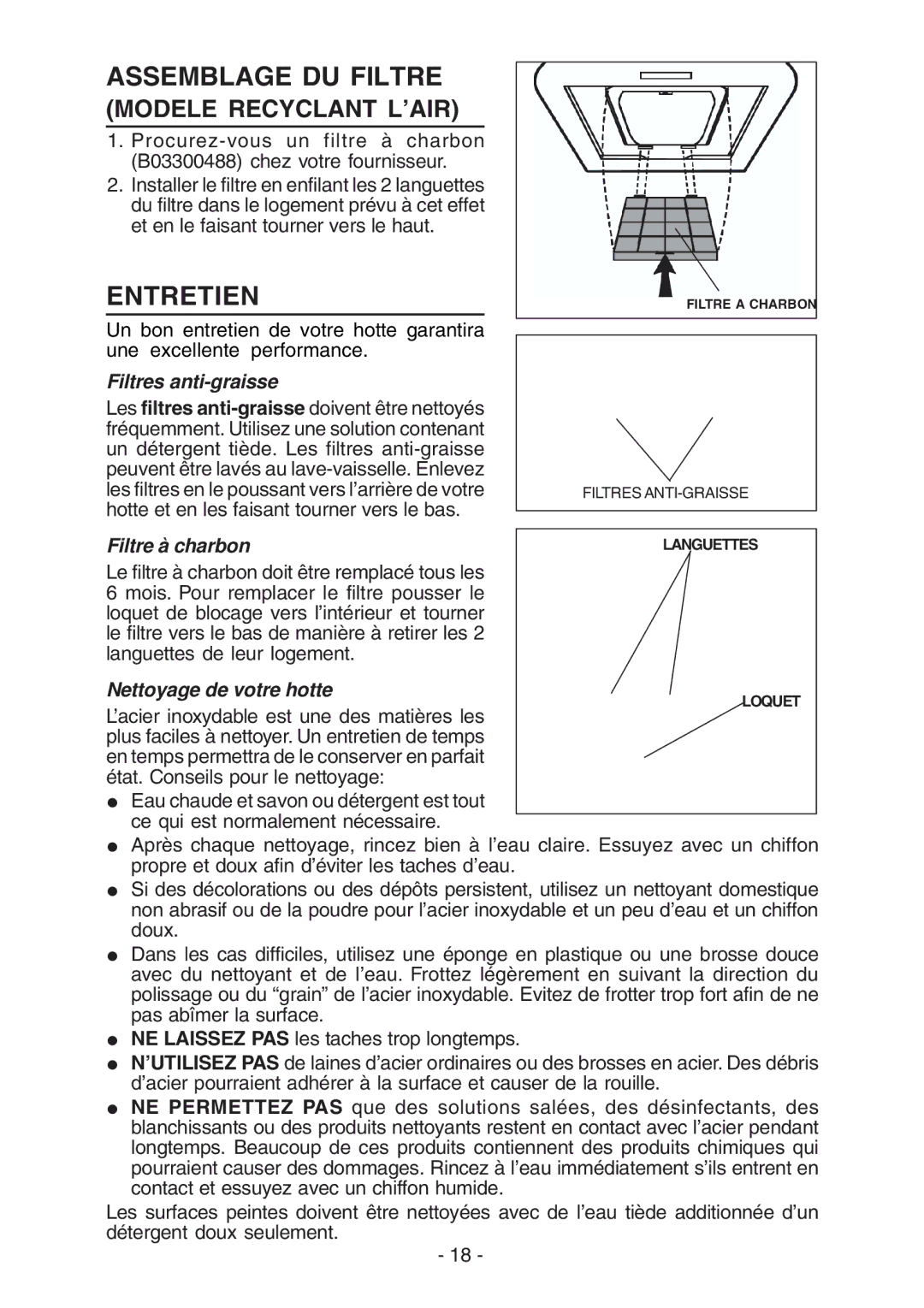 Broan RM51000, RM52000 Assemblage DU Filtre, Entretien, Filtres anti-graisse, Filtre à charbon, Nettoyage de votre hotte 