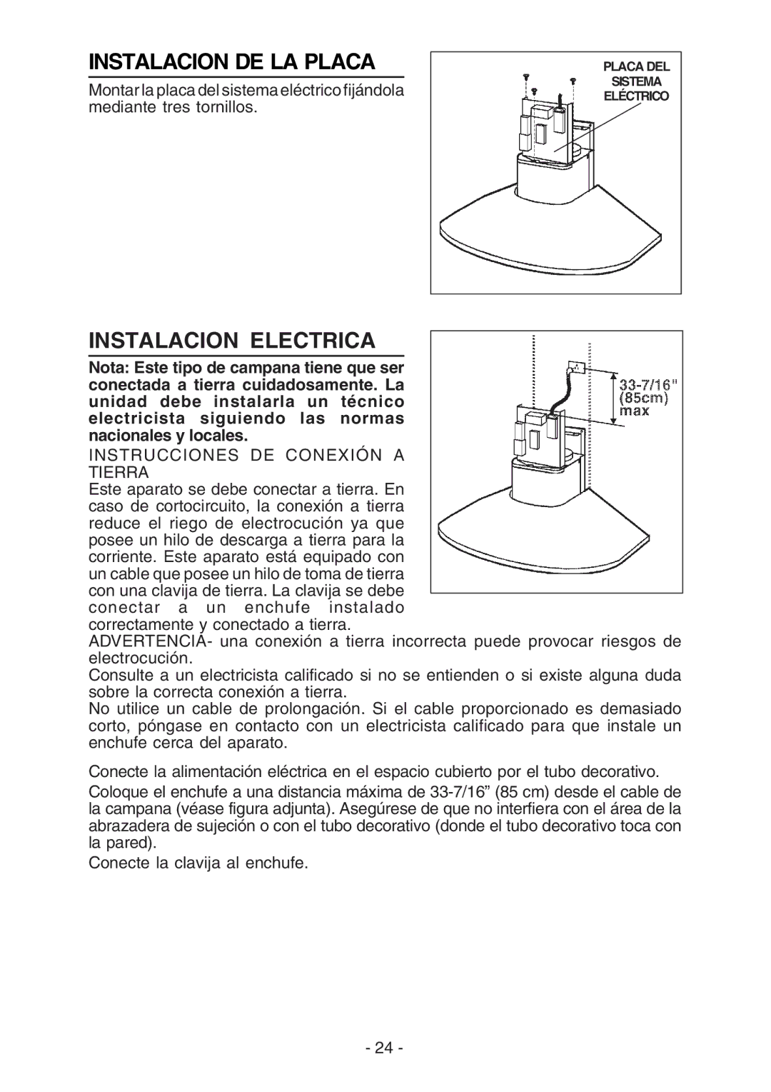 Broan RM51000, RM52000 manual Instalacion DE LA Placa, Instalacion Electrica 