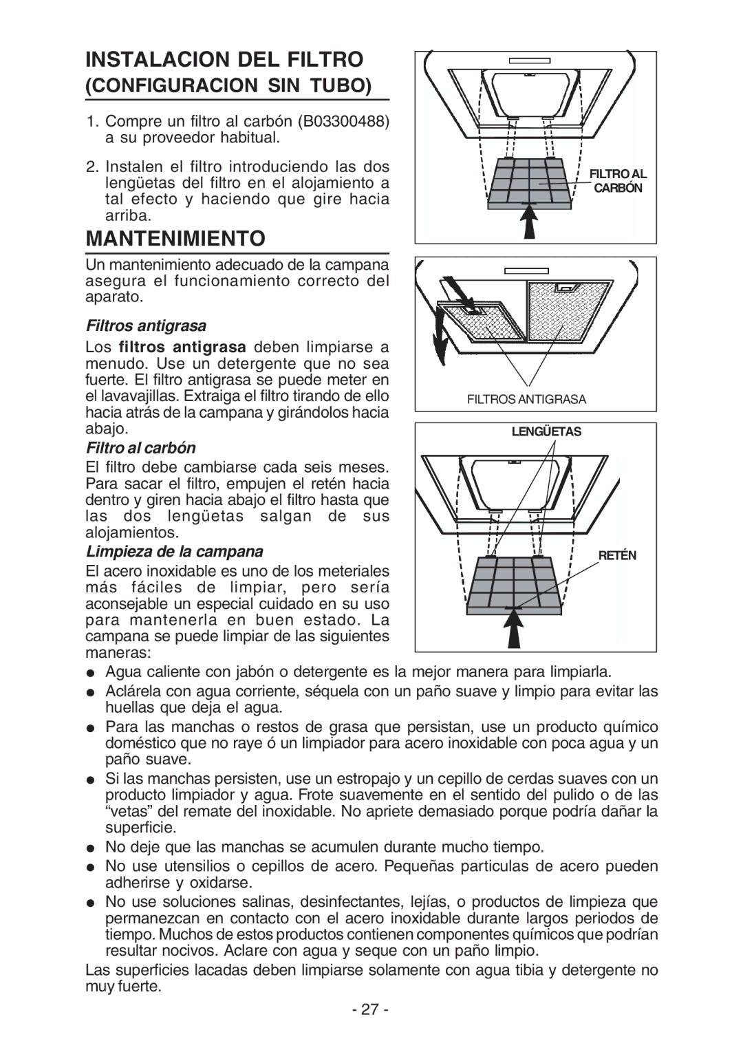 Broan RM52000, RM51000 Instalacion DEL Filtro, Mantenimiento, Filtros antigrasa, Filtro al carbón, Limpieza de la campana 