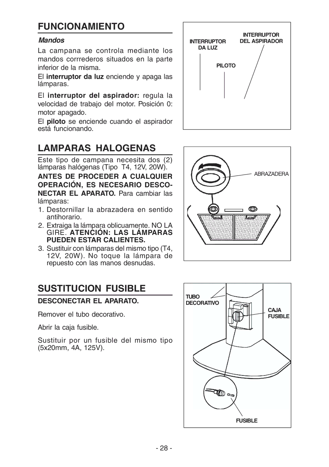 Broan RM51000, RM52000 manual Funcionamiento, Lamparas Halogenas, Sustitucion Fusible, Mandos 