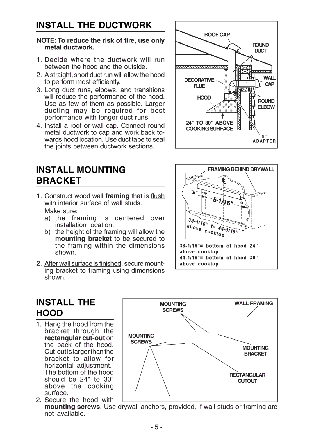 Broan RM52000, RM51000 manual Install the Ductwork, Install Mounting Bracket, Hood 