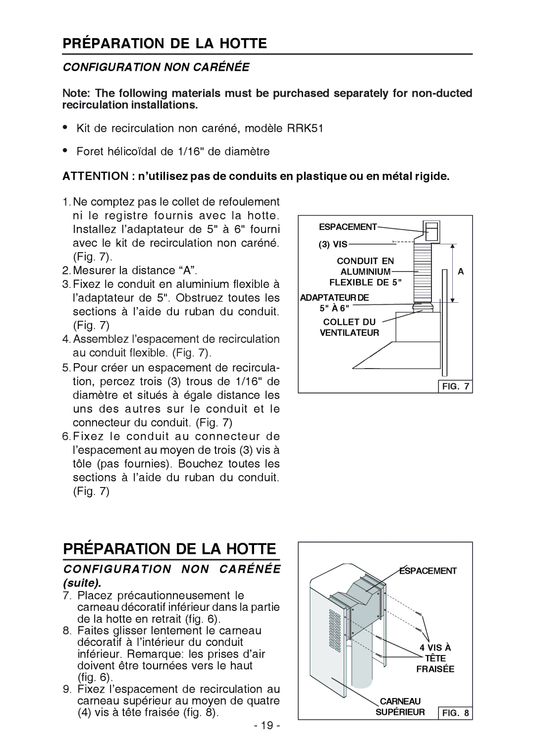 Broan RM519004 manual Préparation DE LA Hotte, Configuration NON Carénée suite 