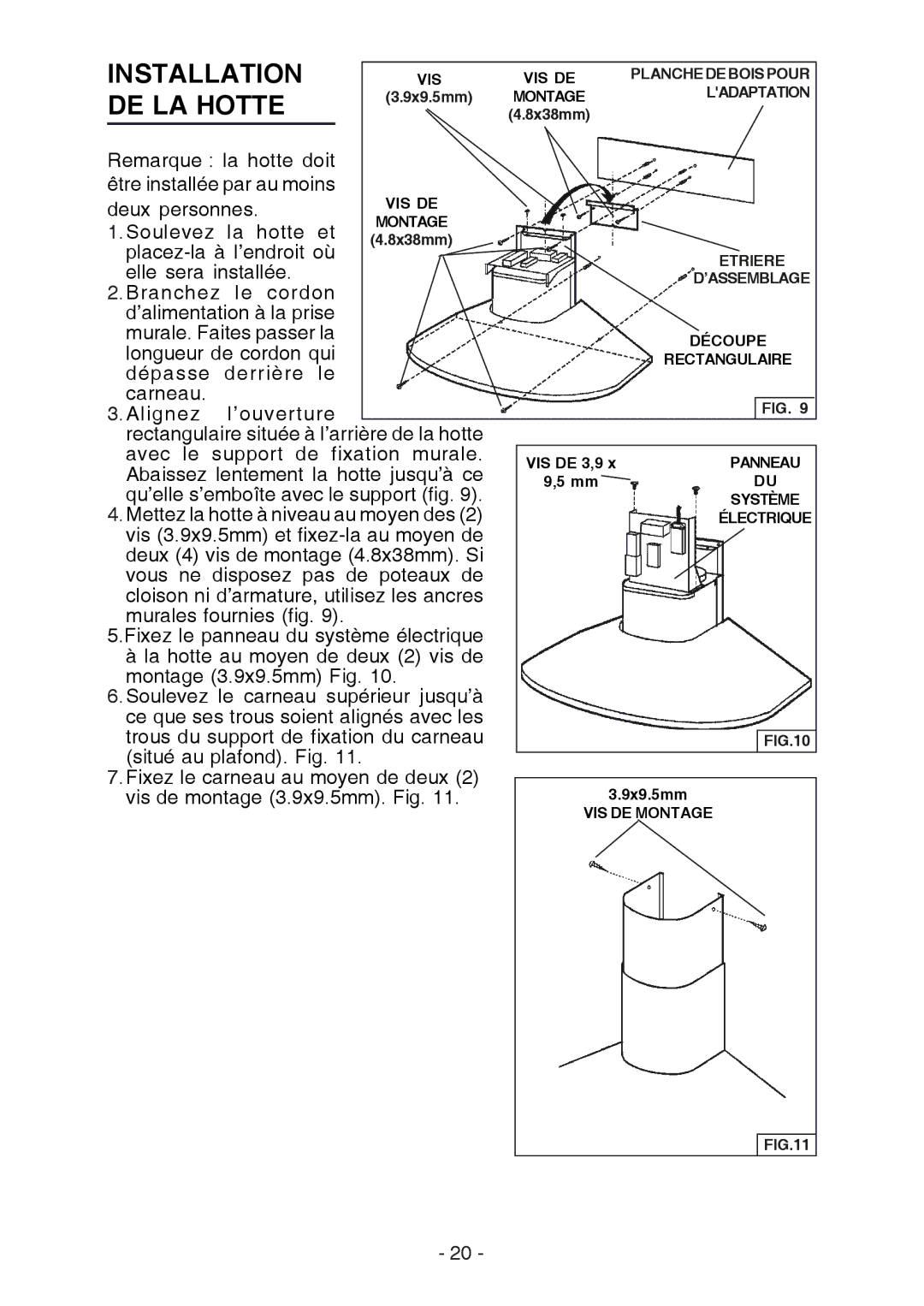 Broan RM519004 manual Installation, DE LA Hotte 