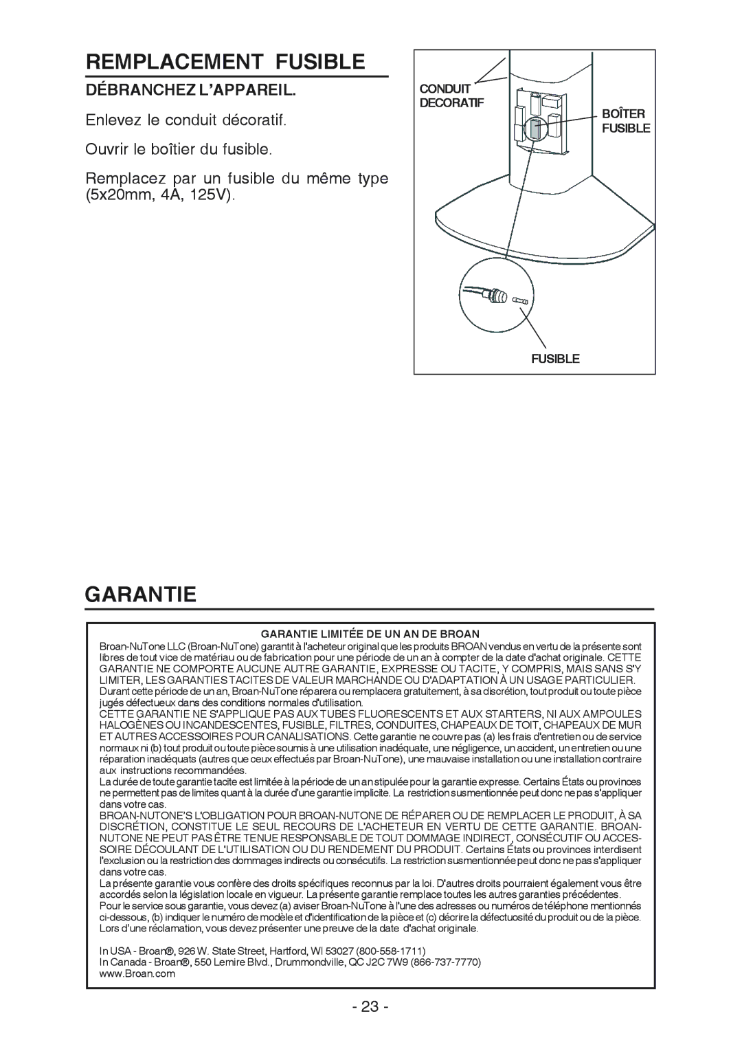 Broan RM519004 manual Remplacement Fusible, Garantie, Débranchez L’APPAREIL 