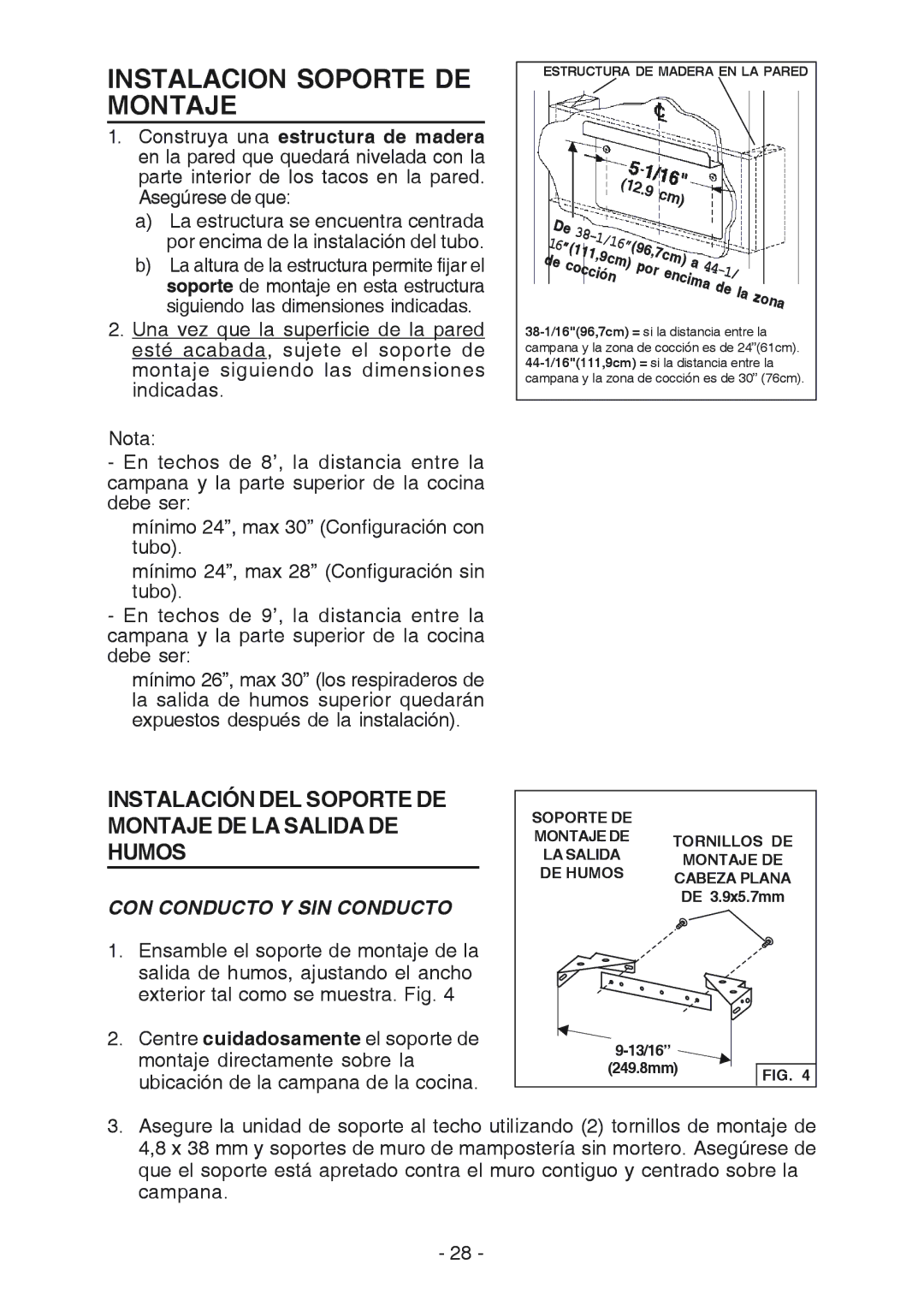 Broan RM519004 manual Instalacion Soporte DE Montaje, CON Conducto Y SIN Conducto 