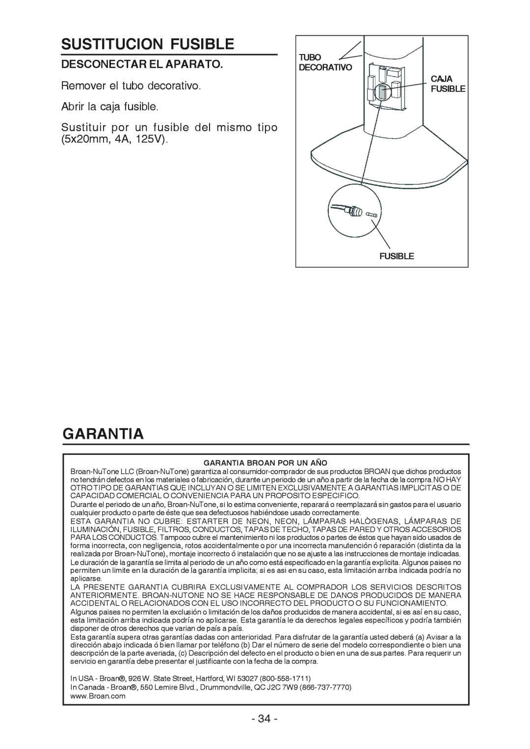 Broan RM519004 manual Sustitucion Fusible, Garantia, Desconectar EL Aparato 