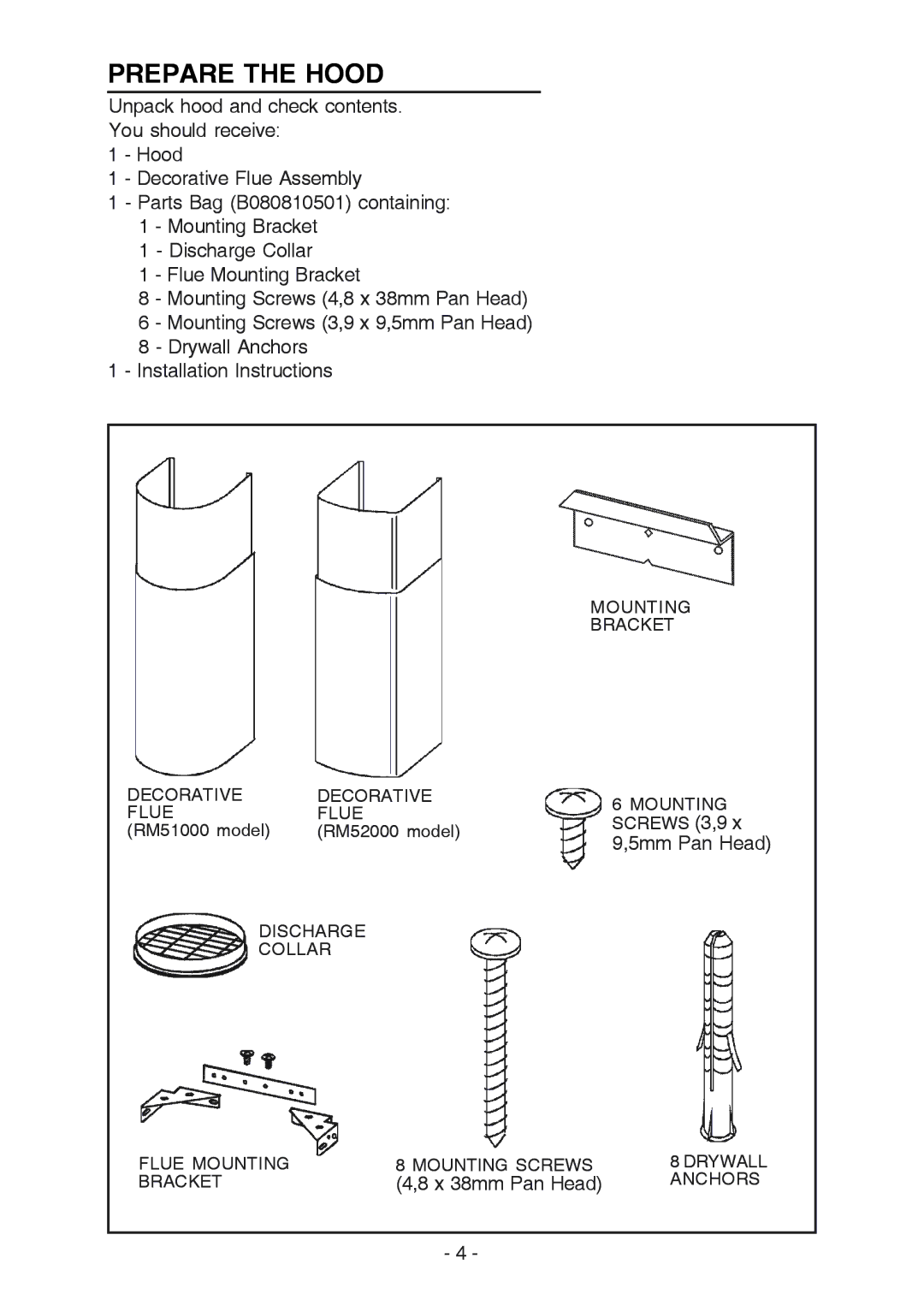 Broan RM519004 manual Prepare the Hood 