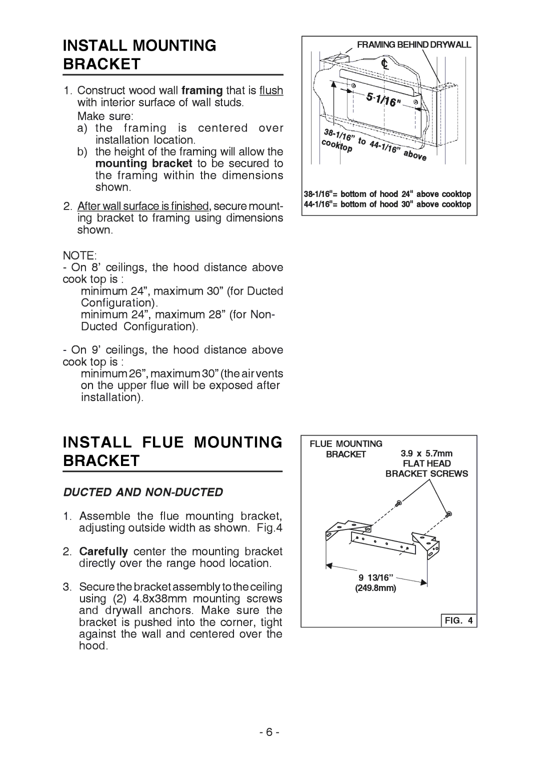 Broan RM519004 manual Install Mounting Bracket, Install Flue Mounting Bracket, Ducted and NON-DUCTED 