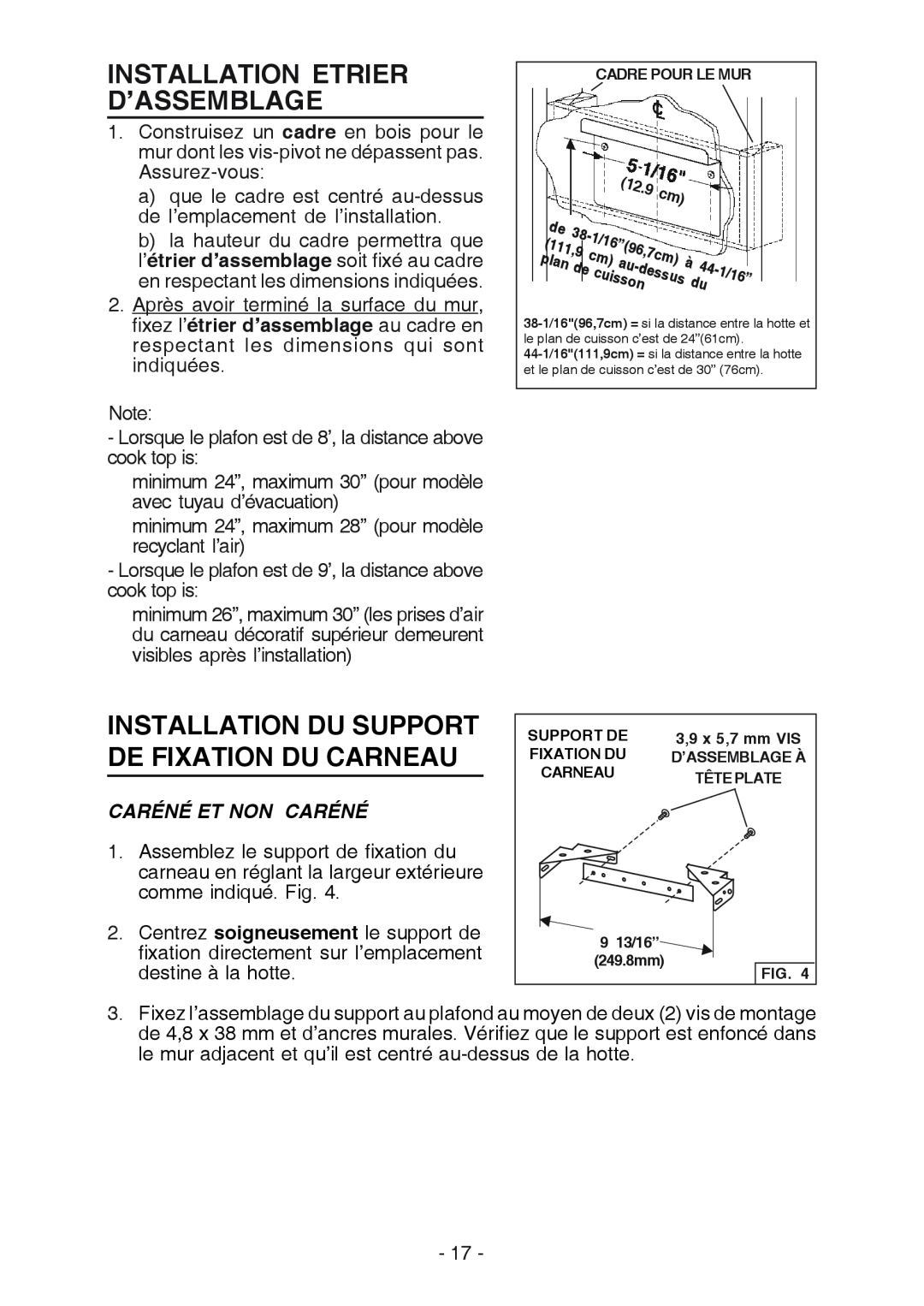 Broan RM519004 Installation Etrier D’Assemblage, Installation Du Support De Fixation Du Carneau, Caréné Et Non Caréné 