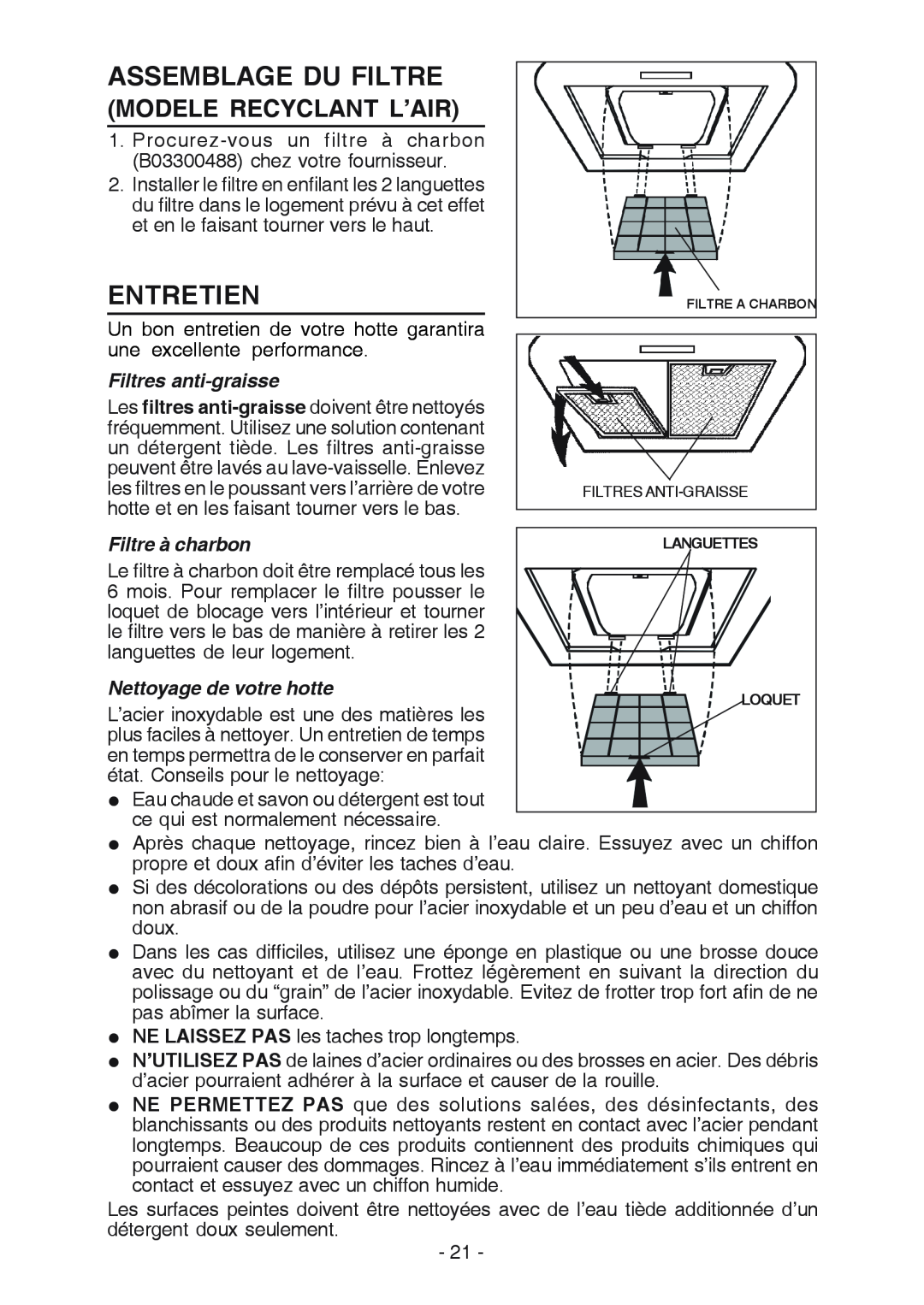 Broan RM519004 manual Assemblage Du Filtre, Entretien, Modele Recyclant L’Air, Filtres anti-graisse, Filtre à charbon 