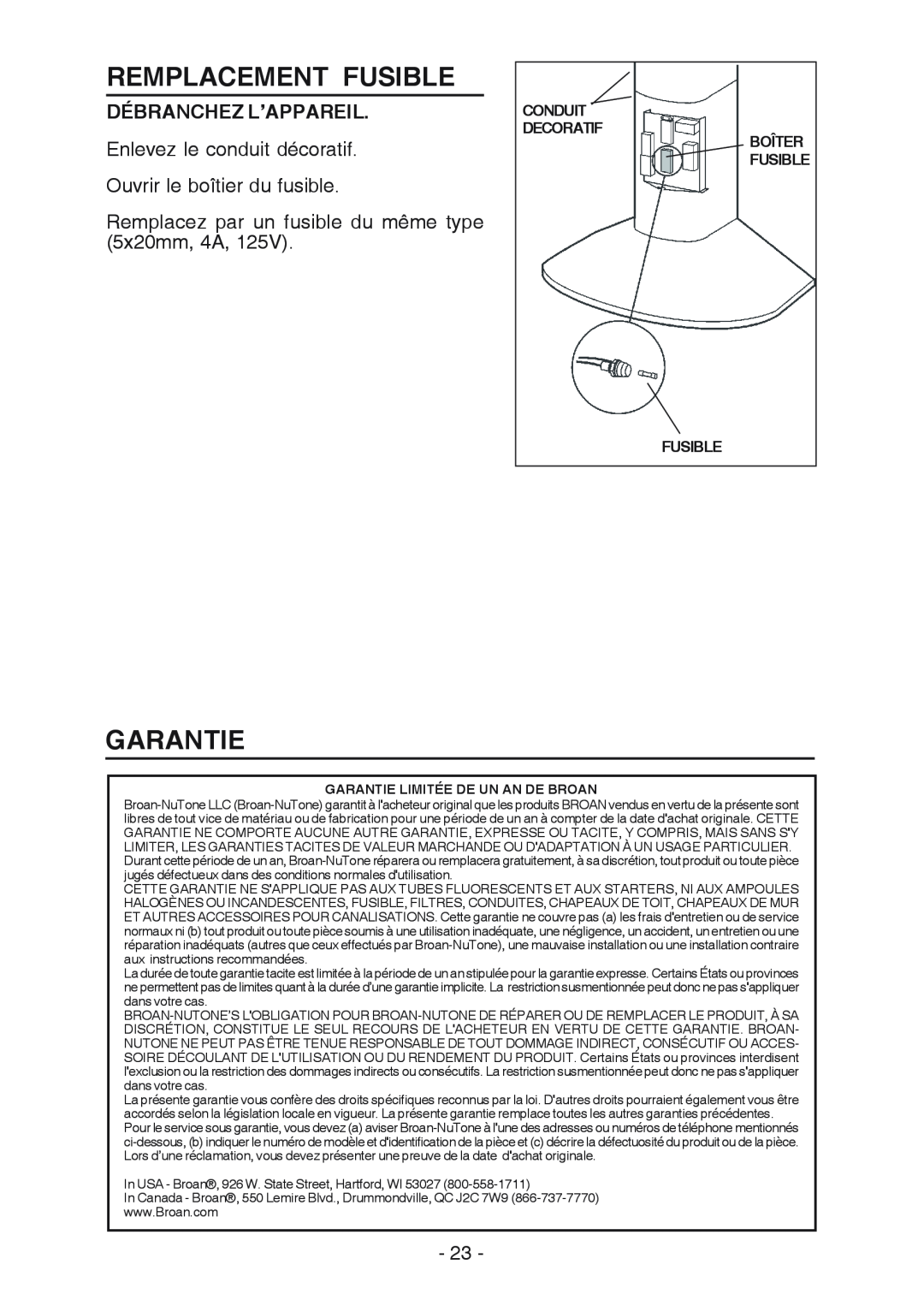 Broan RM519004 manual Remplacement Fusible, Garantie, Débranchez L’Appareil 