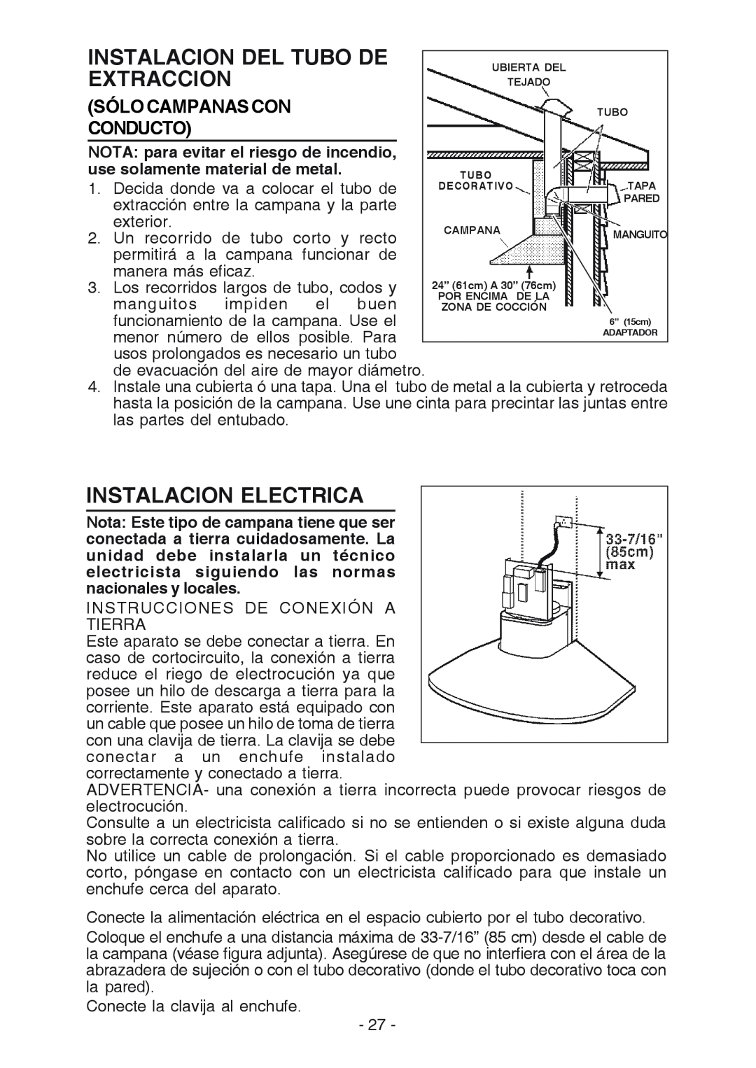 Broan RM519004 manual Instalacion Del Tubo De, Extraccion, Instalacion Electrica, Sólo Campanas Con, Conducto, exterior 