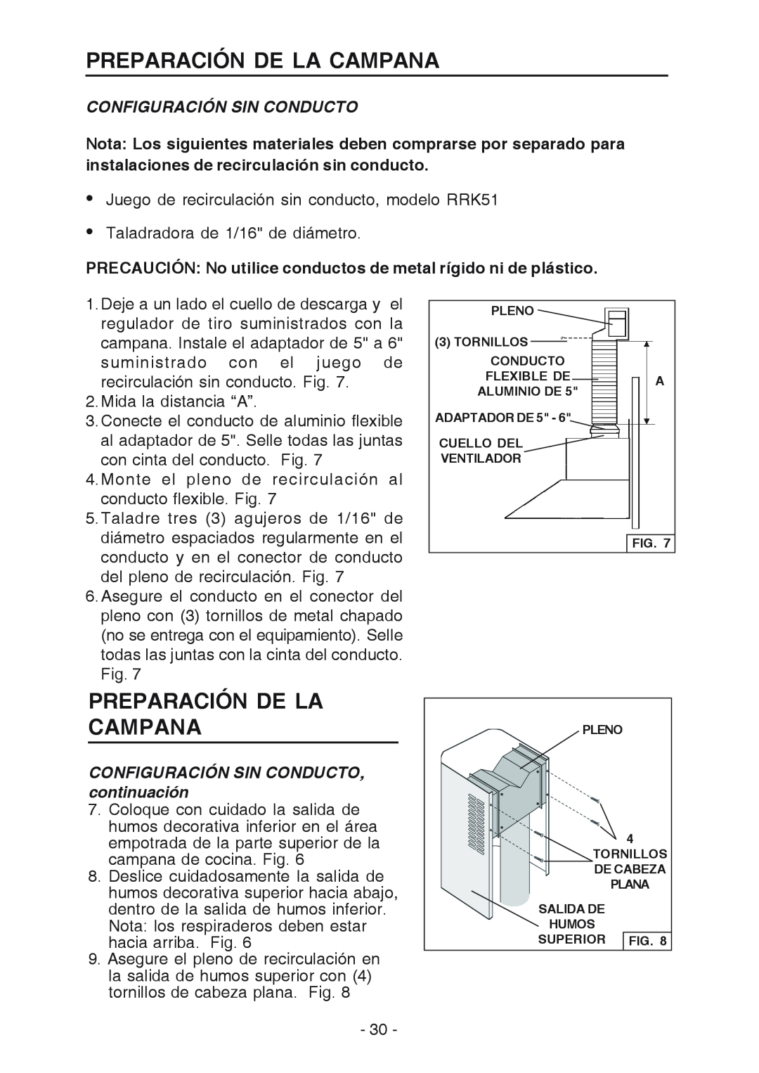 Broan RM519004 manual Configuración Sin Conducto, PRECAUCIÓN No utilice conductos de metal rígido ni de plástico 