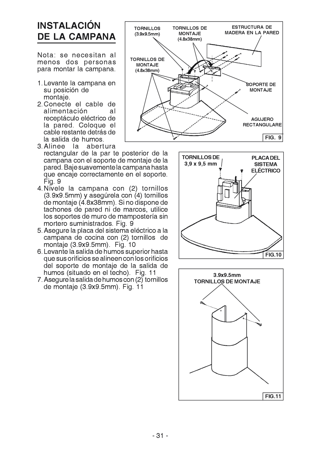 Broan RM519004 manual Instalación, De La Campana, del soporte de montaje de la salida de, humos situado en el techo. Fig 