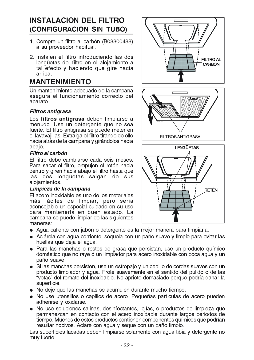 Broan RM519004 manual Instalacion Del Filtro, Mantenimiento, Configuracion Sin Tubo, Filtros antigrasa, Filtro al carbón 