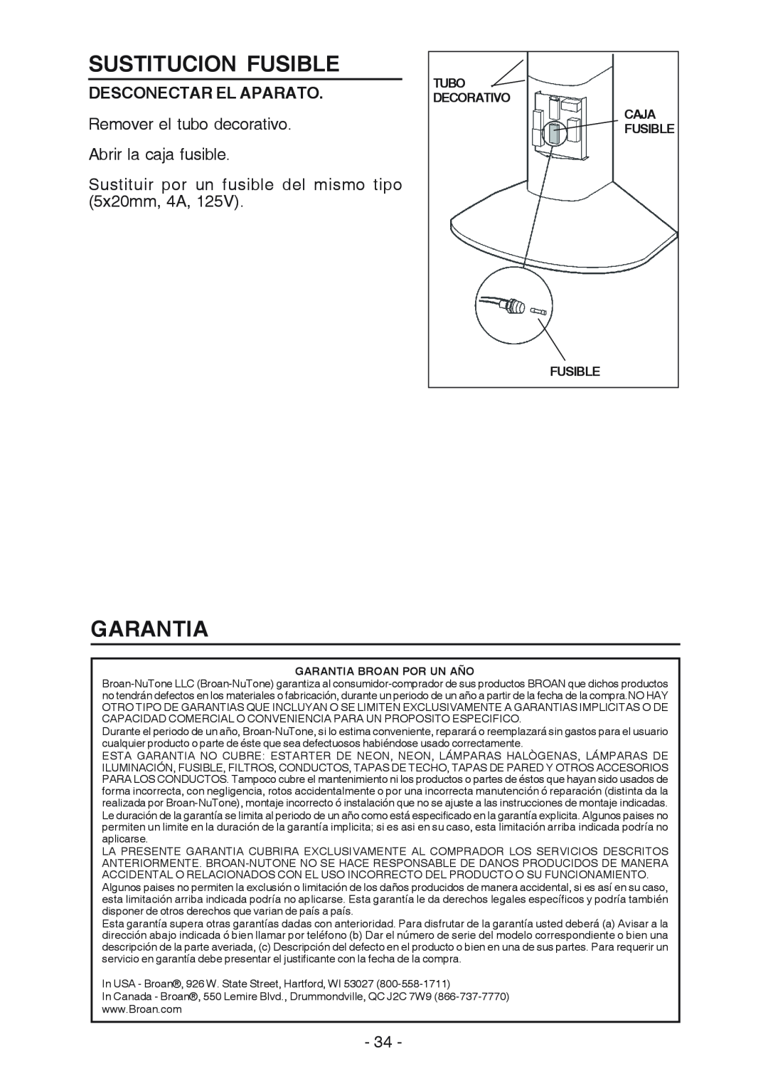 Broan RM519004 manual Sustitucion Fusible, Garantia, Desconectar El Aparato 