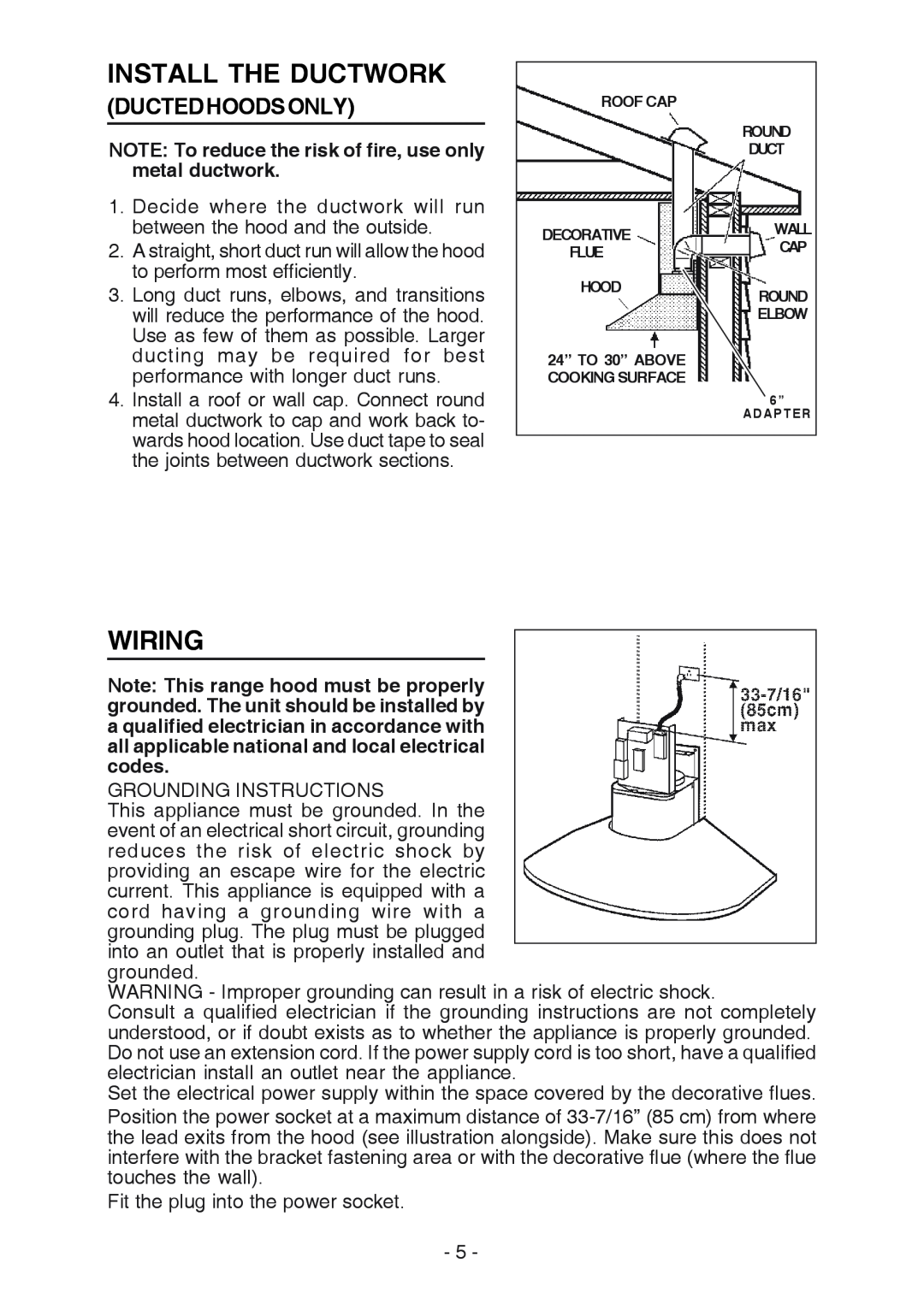Broan RM519004 Install The Ductwork, Wiring, Ductedhoodsonly, NOTE To reduce the risk of fire, use only metal ductwork 