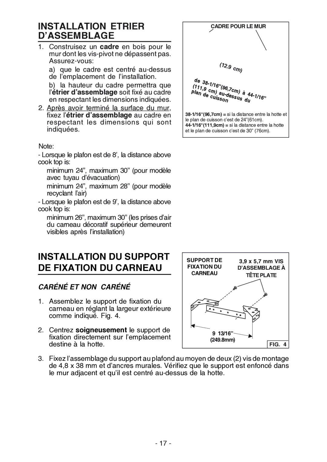 Broan RM524204 Installation Etrier D’ASSEMBLAGE, Installation DU Support DE Fixation DU Carneau, Caréné ET NON Caréné 