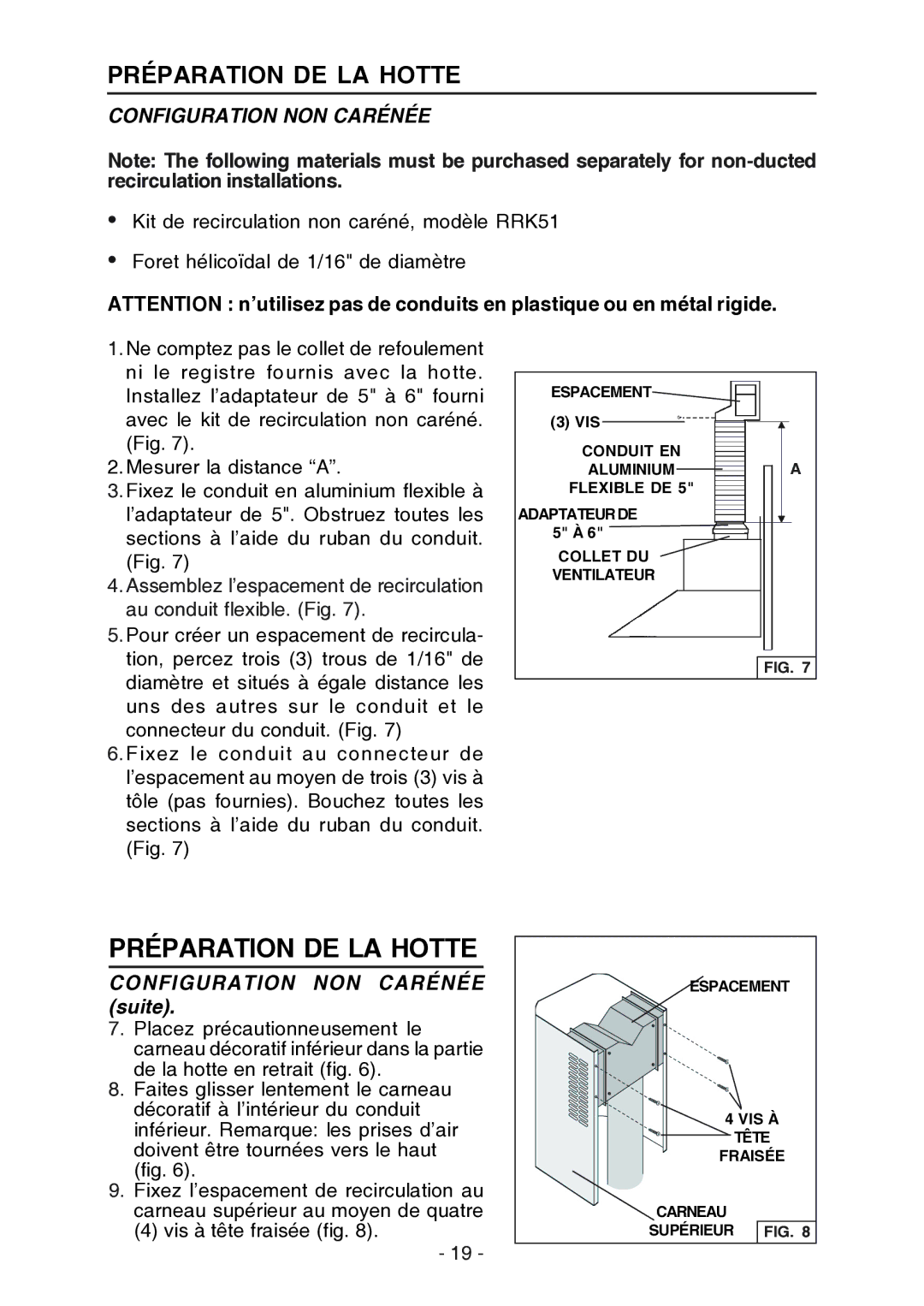 Broan RM524204, RM523004 manual Préparation DE LA Hotte, Configuration NON Carénée suite 