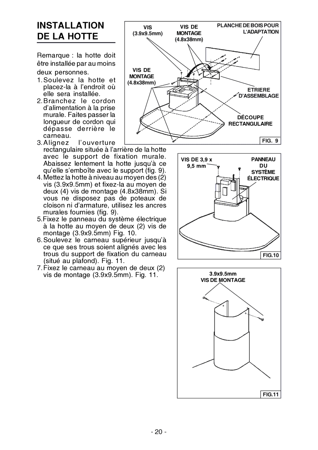 Broan RM523004, RM524204 manual Installation, DE LA Hotte 