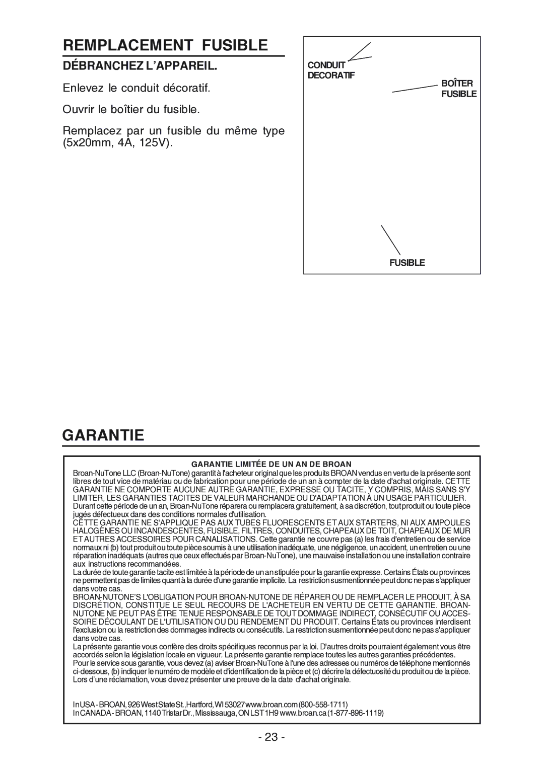 Broan RM524204, RM523004 manual Remplacement Fusible, Garantie, Débranchez L’APPAREIL 