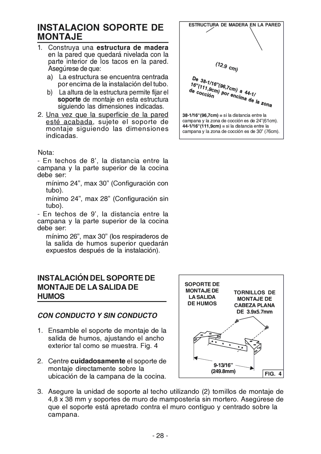 Broan RM523004, RM524204 manual Instalacion Soporte DE Montaje, CON Conducto Y SIN Conducto 